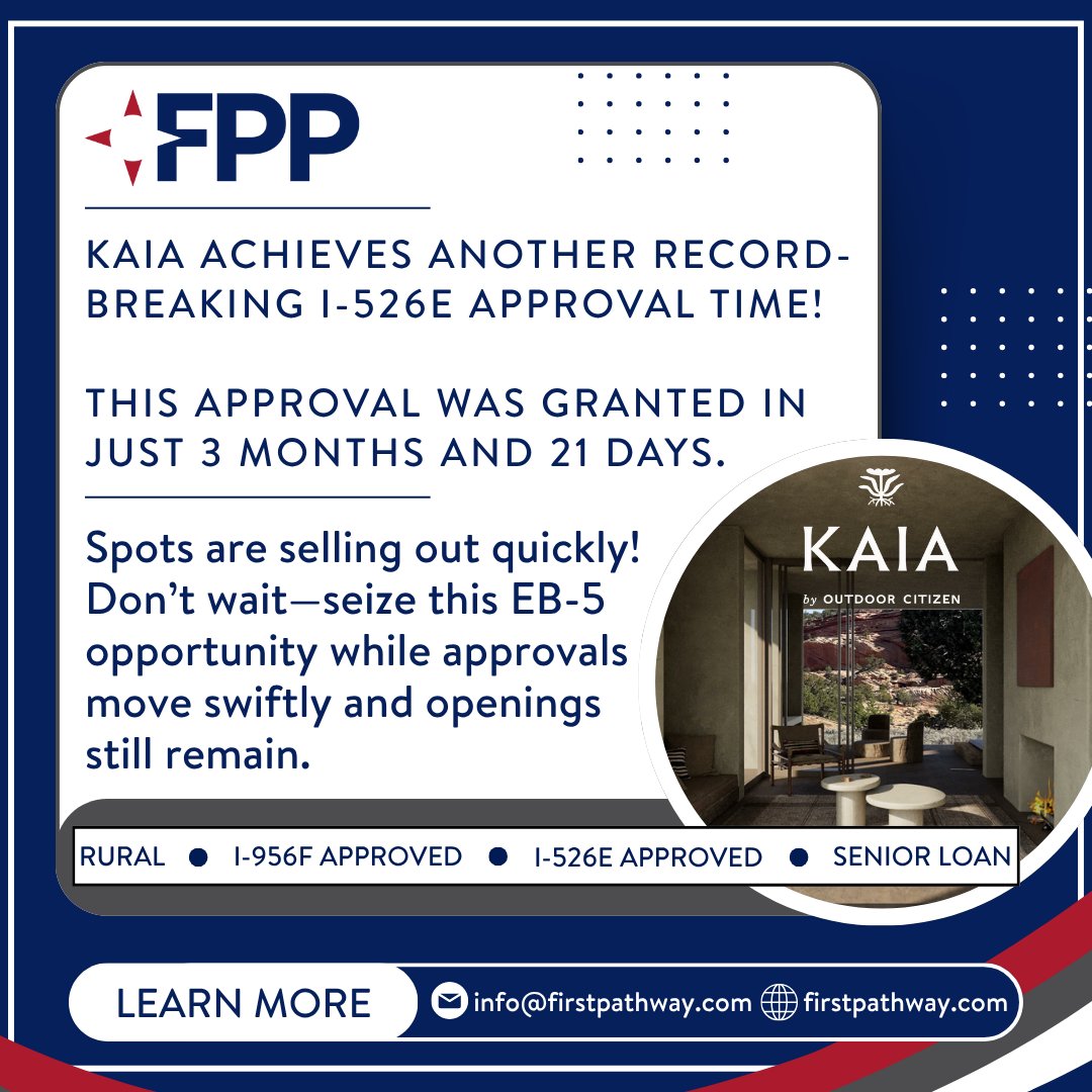 FirstPathway (@firstpathway) on Twitter photo Every time we announce a faster approval, another one comes through even quicker!
KAIA has just beaten its own record: I-526E approval in only 3 months and 21 days — our fastest approval to date!
Contact us at info@firstpathway.com to learn more about KAIA.
#EB5 #KAIA #FPP Every time we announce a faster approval, another one comes through even quicker!
KAIA has just beaten its own record: I-526E approval in only 3 months and 21 days — our fastest approval to date!
Contact us at info@firstpathway.com to learn more about KAIA.
#EB5 #KAIA #FPP