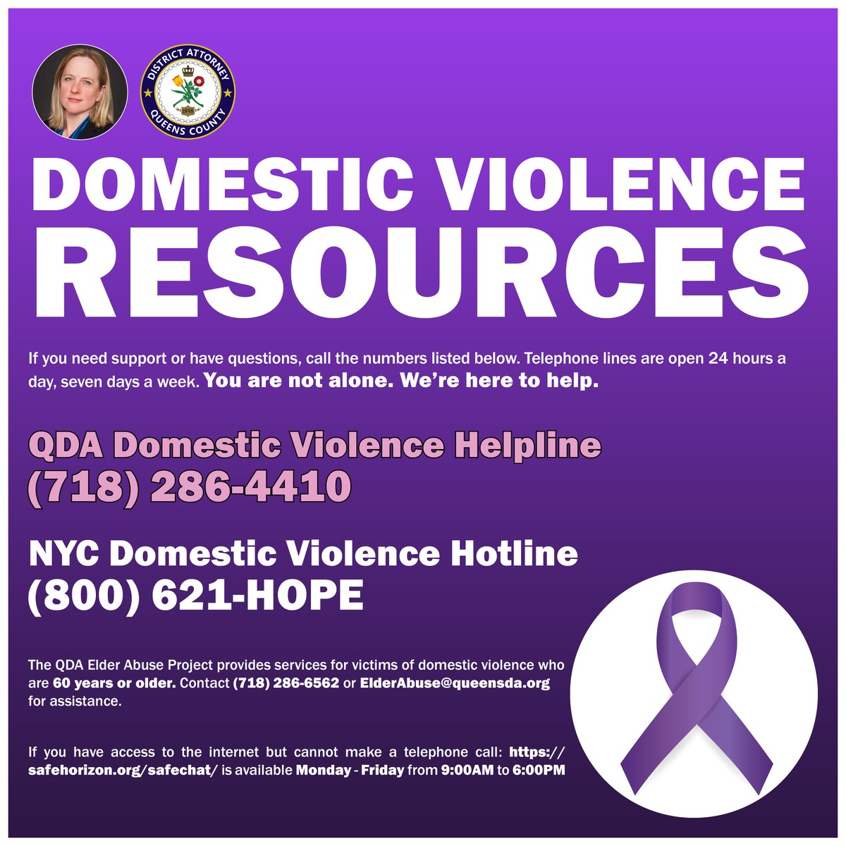 QueensDAKatz's tweet photo. October is Domestic Violence Awareness Month - an important time to share resources and make every effort to help erase the stigma survivors continue to face.
Our DV helpline is available day and night for anyone facing intimate partner violence.
#DVAwarenessMonth https://t.co/HPNdoRNl4t