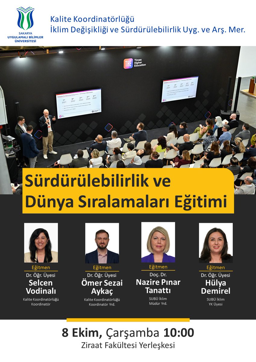 Sürdürülebilirlik çalışmaları kapsamında,Kalite Koordinatörlüğü ile İklim Değişikliği ve Sürdürülebilirlik Uygulama ve Araştırma Merkezi tarafından 8 Ekim 2025 saat 10:00'da akademisyenlerimize yönelik"Sürdürülebilirlik ve Dünya Sıralamaları Eğitimi"başlıklı seminer verilecektir.