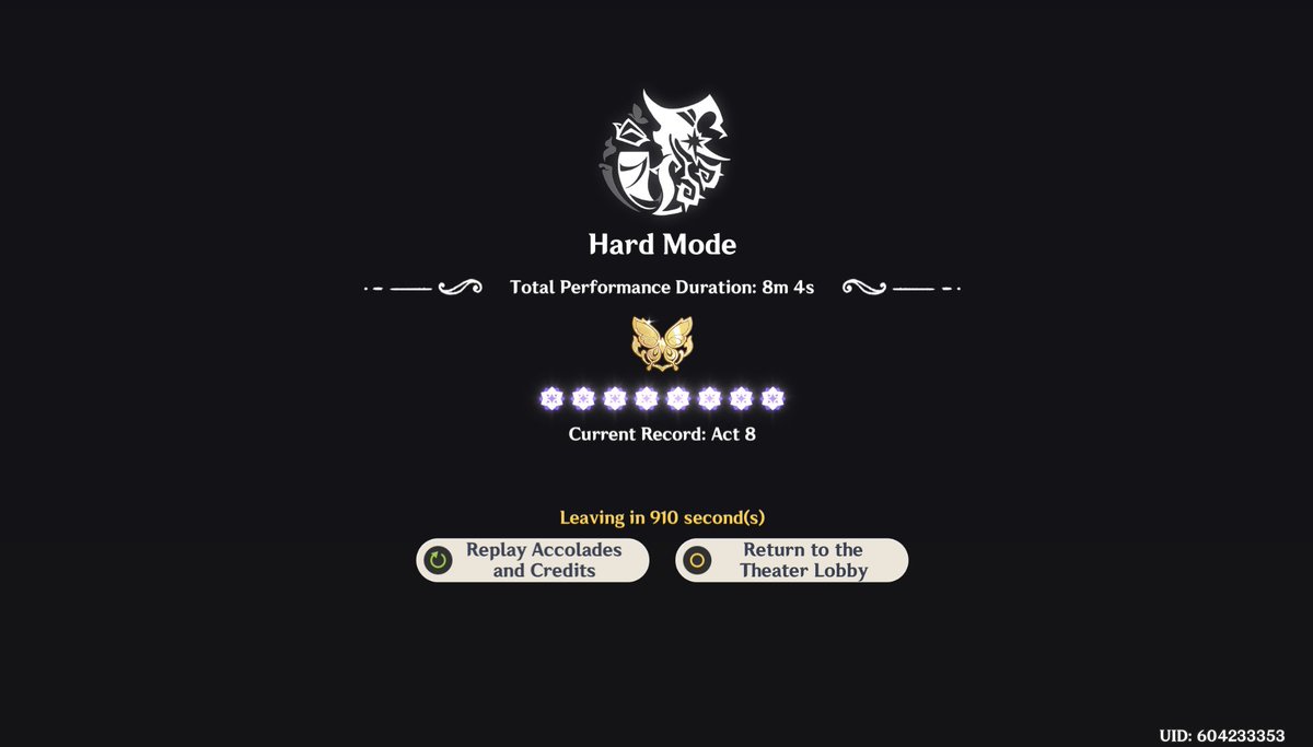 So. In genshin news the gacha system hates me and gave me a FUCKING KEQING instead of flins.. I cry.. in other news
My theater looks like this (can’t do visionary mode cause I don’t have enough characters built)