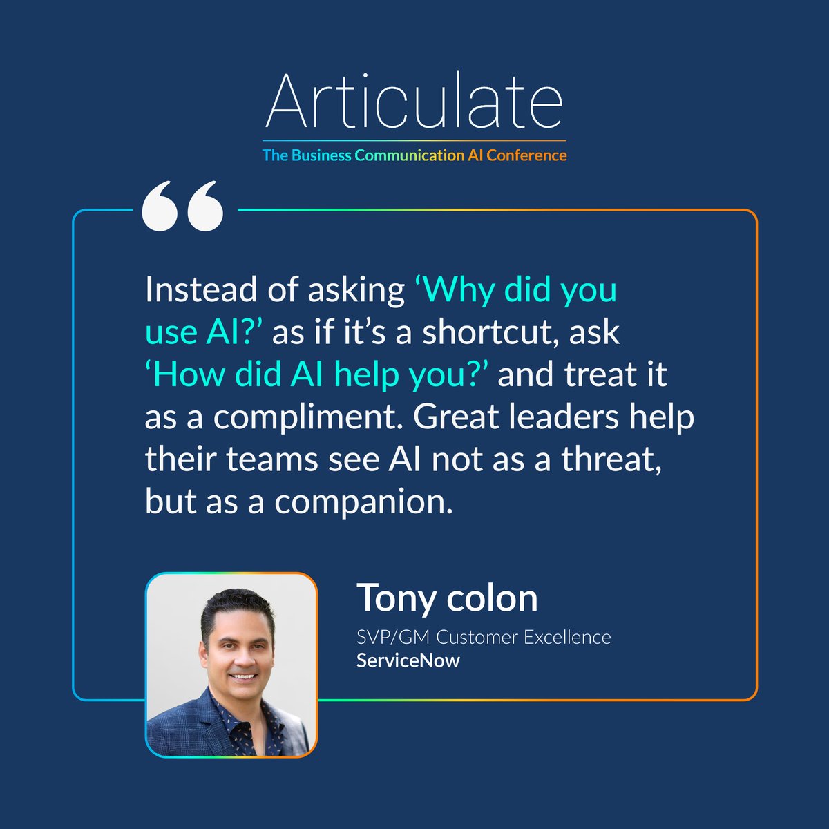We were honored to have Tony Colon share his insights at #Articulate2025. 

His perspective on shifting the question from “Why did you use AI?” to “How did AI help you?” is a powerful reminder of how leaders can reframe AI as an enabler of innovation.