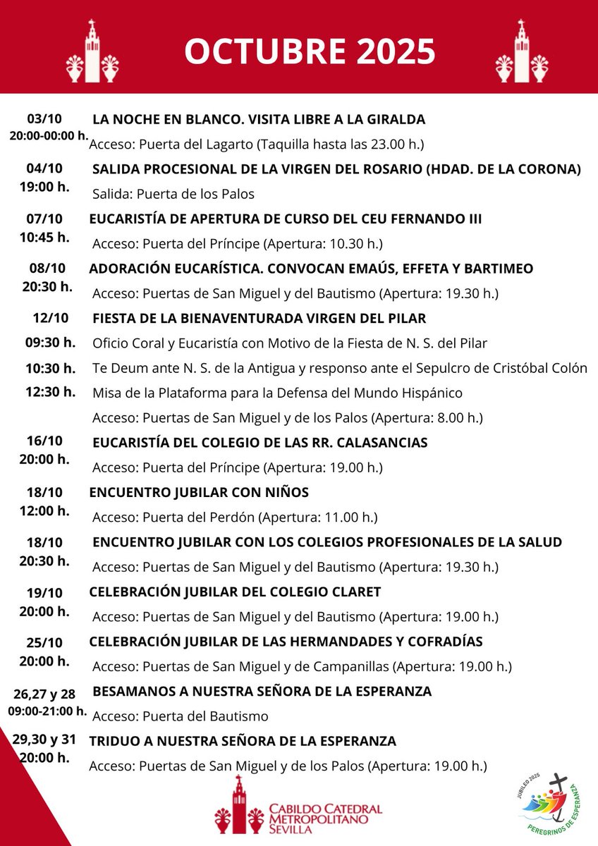 Catedral de Sevilla Oficial (@catedraldesev) on Twitter photo 🗓️ Calendario de actos en la Catedral de Sevilla – #Octubre 🗓️ Calendario de actos en la Catedral de Sevilla – #Octubre