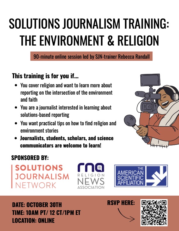 One week to go! Don’t miss this important webinar on how journalists can cover climate solutions through the lens of religion &amp; environment. Join us Oct. 30 at 1 p.m. ET. Register here: bit.ly/SJNClimate