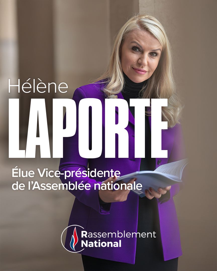 🔵 <a href="/HeleneLaporteRN/">Hélène Laporte</a> a été élue Vice-présidente de l’Assemblée nationale !

Un an après les basses manœuvres du parti unique, la démocratie reprend ses droits : 11 millions de Français voient enfin leur voix respectée !

🇫🇷 Rejoignez-nous : adhesions.rassemblementnational.fr