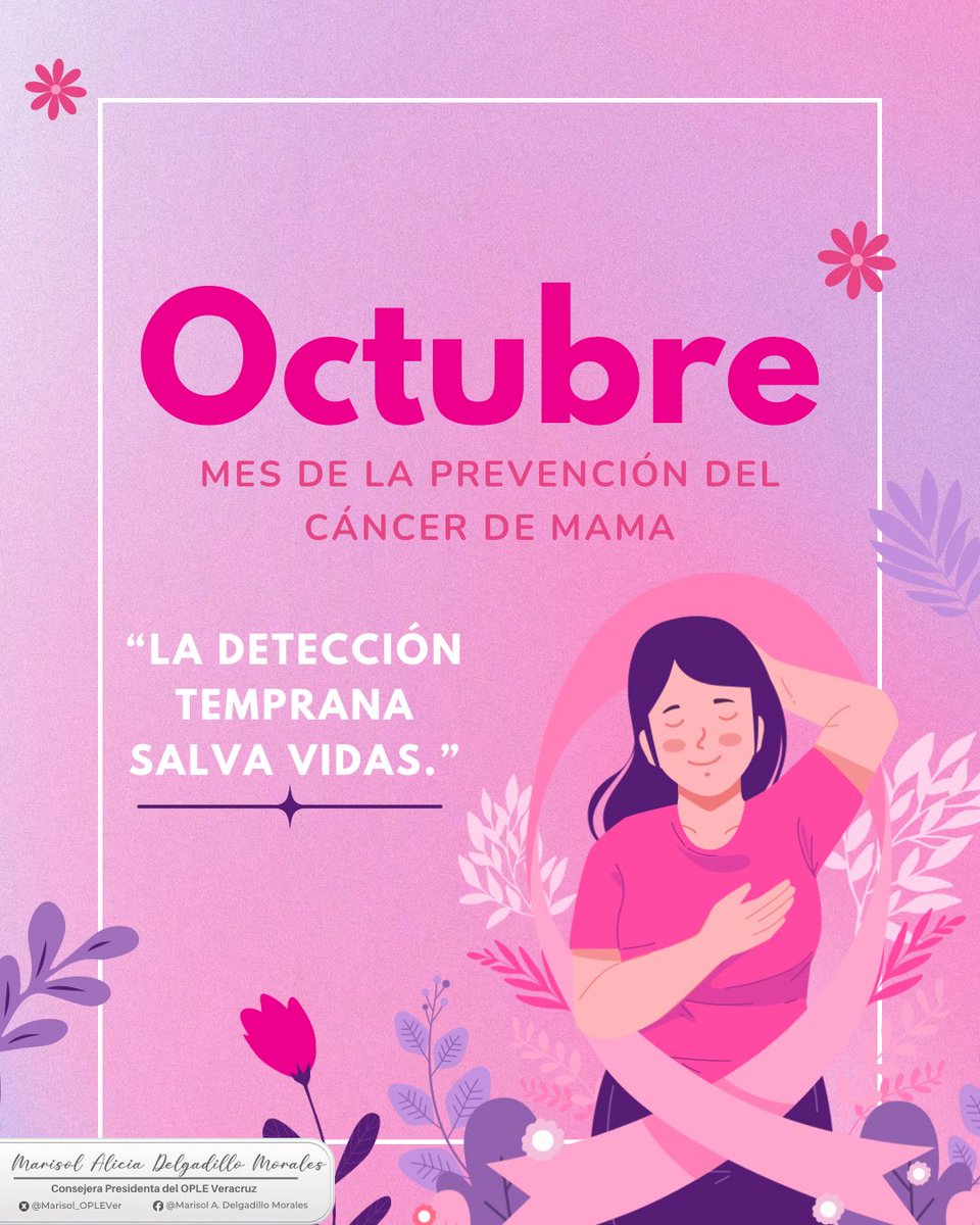 Octubre es el mes de la prevención del #CáncerDeMama 
💬Durante este mes se promueven campañas para aumentar la detección temprana, el tratamiento y los cuidados paliativos de esta enfermedad.
“Cuidarte es amarte.”✨🩷
#OctubreRosa #DetecciónTemprana