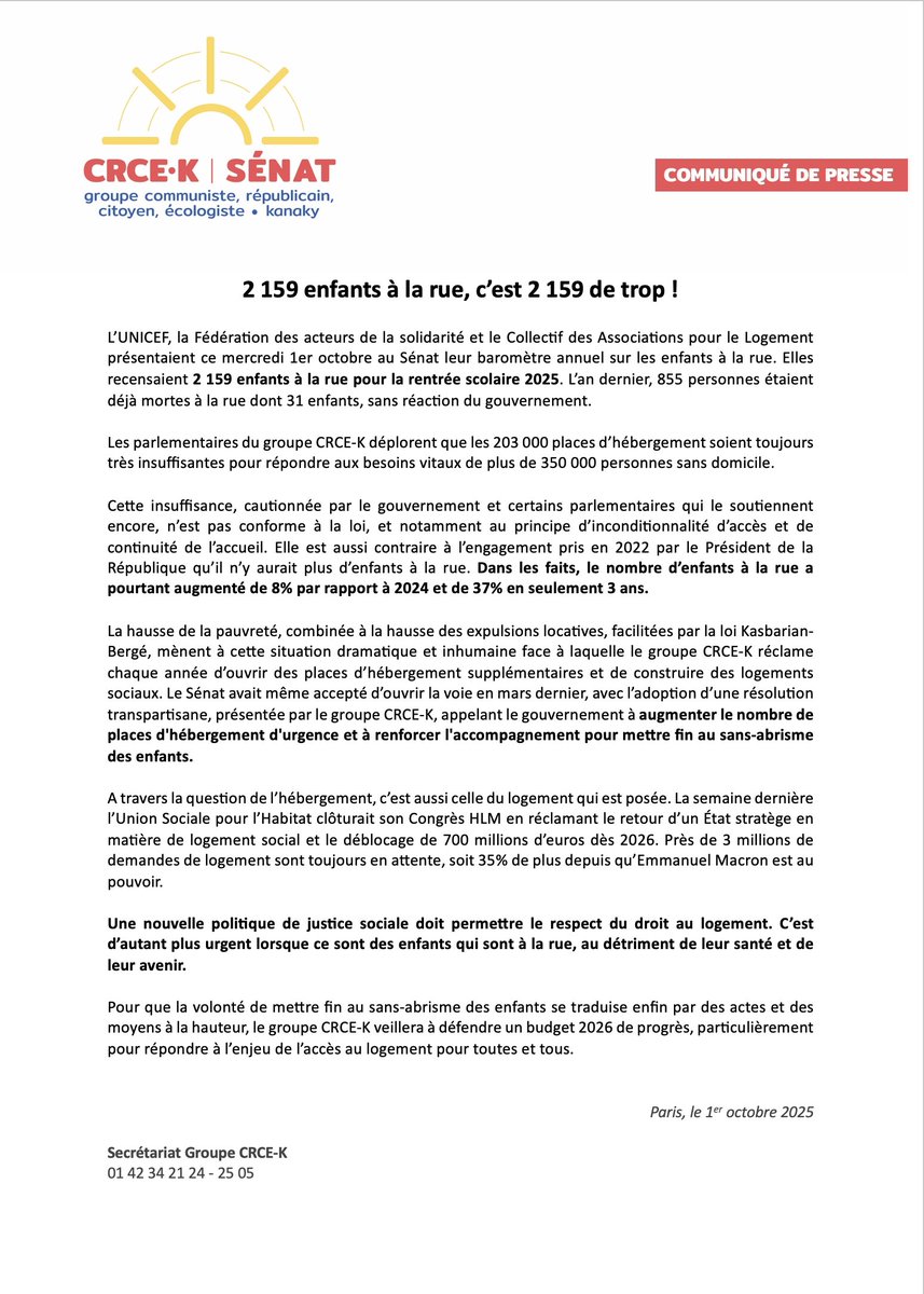 senateursCRCE's tweet photo. Aujourd'hui, au @Senat, L’UNICEF, la Fédération des acteurs de la solidarité et le Collectif des Associations pour le Logement présentaient leur baromètre annuel sur les enfants à la rue. Un chiffre en augmentation 37% en 3 ans ! Les @senateursCRCE appellent à la mobilisation↩️ https://t.co/ZaU2VuU7S4