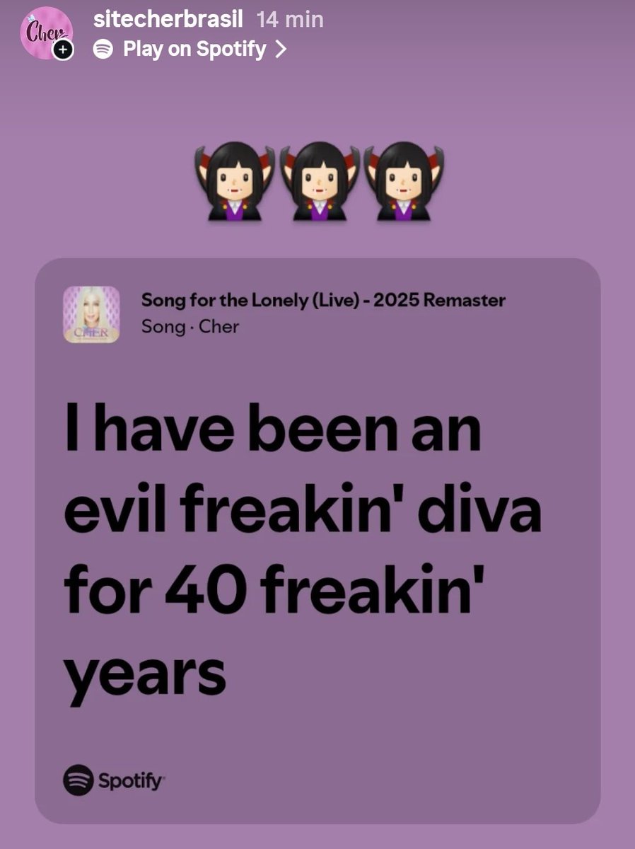 SiteCherBrasil's tweet photo. Amando poder compartilhar trechos do monólogo da Cher na Farewell Tour através do Spotify 🧛🏻‍♀️👑✨️ https://t.co/Nr98SKfiAa