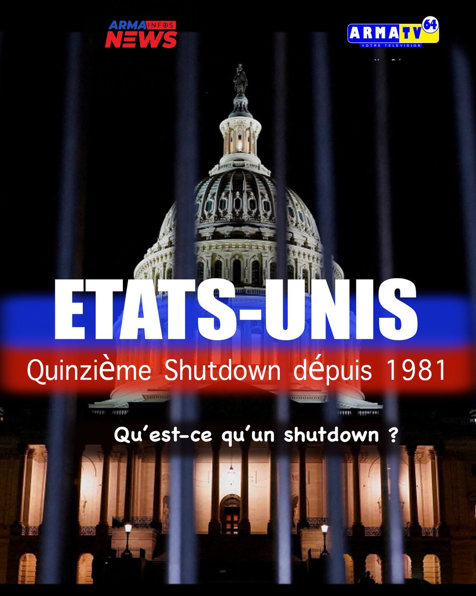 armatelevision's tweet photo. 🇺🇸 États-Unis : 15e shutdown depuis 1981.
Quand Congrès et Maison Blanche n’arrivent pas à s’entendre sur le budget, l’administration fédérale ferme partiellement.

📊 Durée record : 35 jours (2018-2019).

#USA #Shutdown #Politique https://t.co/6MnpW64D4n