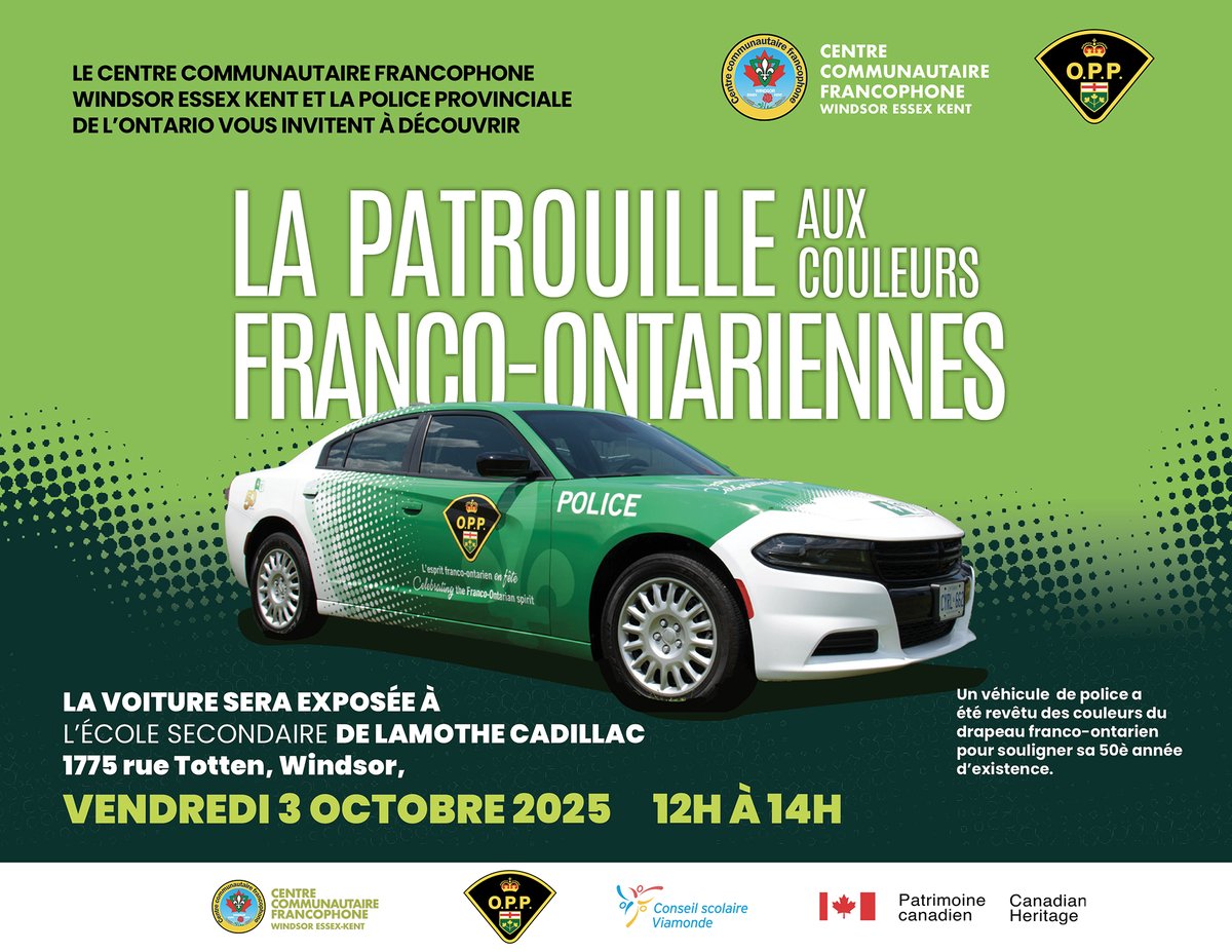 Le #CCFWEK et la <a href="/OPP/">Ontario Provincial Police</a> - Windsor  vous invitent à la présentation d'une voiture de patrouille spécialement décorée aux couleurs franco-ontariennes pr les 50 ans du drapeau franco-ontarien
École secondaire De Lamothe Cadillac - Vendredi 3 oct. 2025 à 12h 
#50AnsMonDrapeau
<a href="/OPP_News/">Ontario Provincial Police</a>