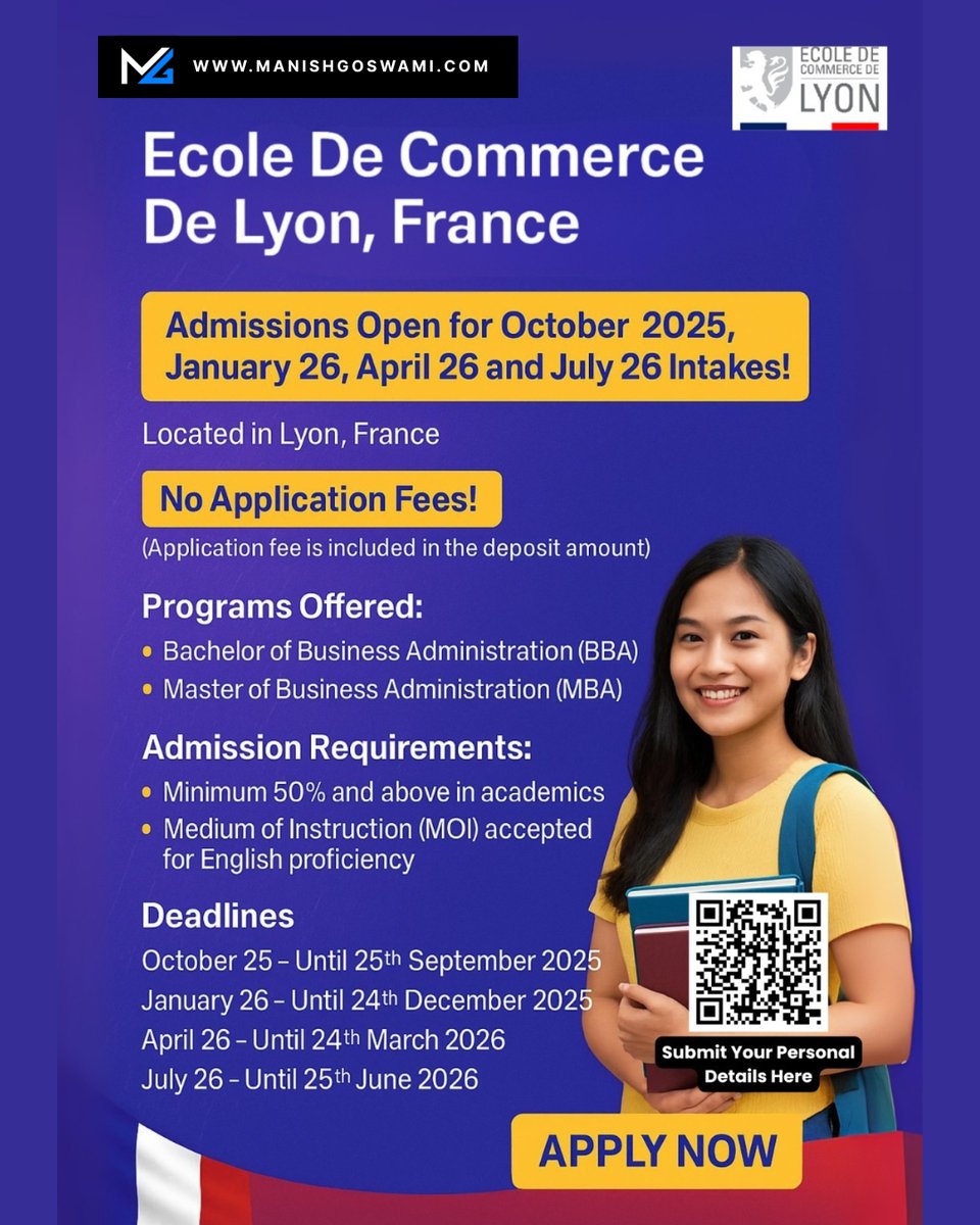 🇫🇷🎓 Study in France – Ecole De Commerce De Lyon! 🎓🇫🇷

✨ Admissions Open for:
📅 October 2025 | January 2026 | April 2026 | July 2026 Intakes

📍 Located in Lyon, France – one of Europe’s top student cities!
❌ No Application Fees! (covered in deposit amount)

📌 Programs