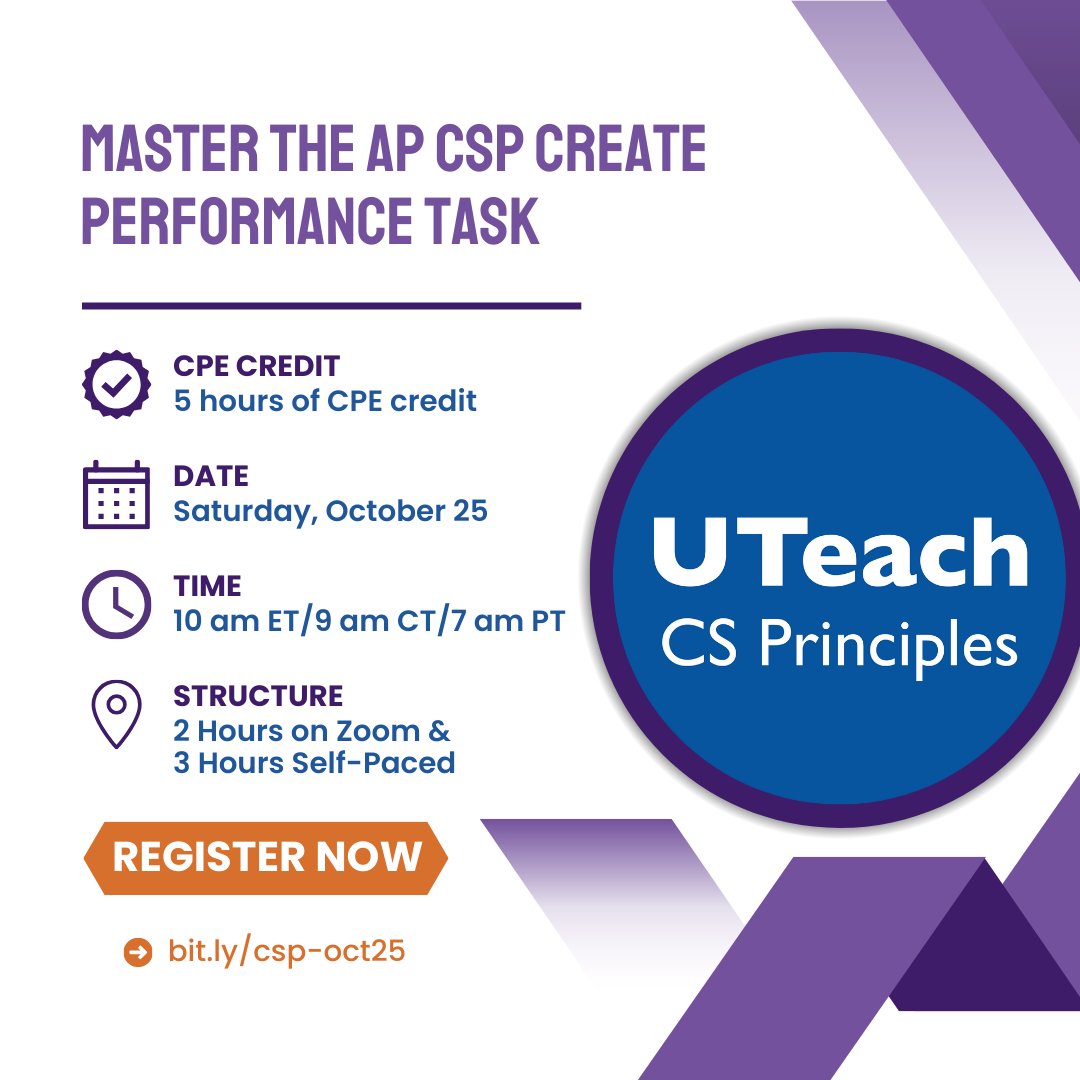 UTeachCS's tweet image. Newsletter Highlights:
📆 Free Mini-PD for #APCSP Create Task
▶️ Built-in defenses against cheating
🏆 Awards &amp;amp; competitions for CS/Cyber students
⏰ Upcoming deadlines for AP &amp;amp; @csteachersorg conference proposals

Subscribe to our monthly newsletter: mailchi.mp/uteachcs/octob…
