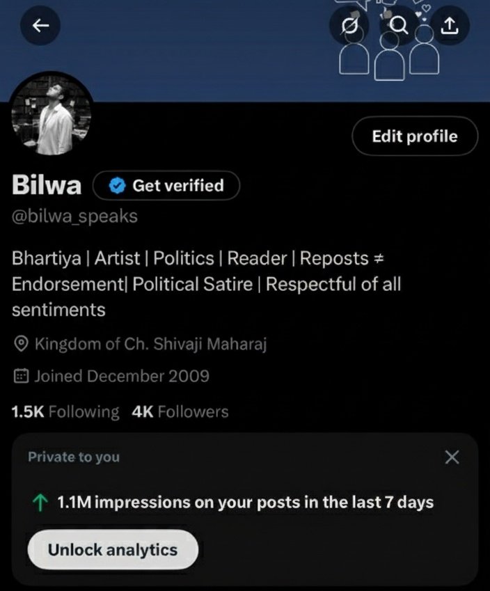 फक्त 4K फॉलोवर्स, ब्लू टिक नाही, कोणत्या थापा मारल्या नाहीत, 500$ पण कोणाकडून घेतले नाहीत. आठवड्यात एखाद दुसरी पोस्ट असते पण माज नसतो. 

1.1M impressions आहेत पण ऊर बडवत लोकांना सांगायलाही जात नाही. 
असो..
तुर्तास इतकंच...!