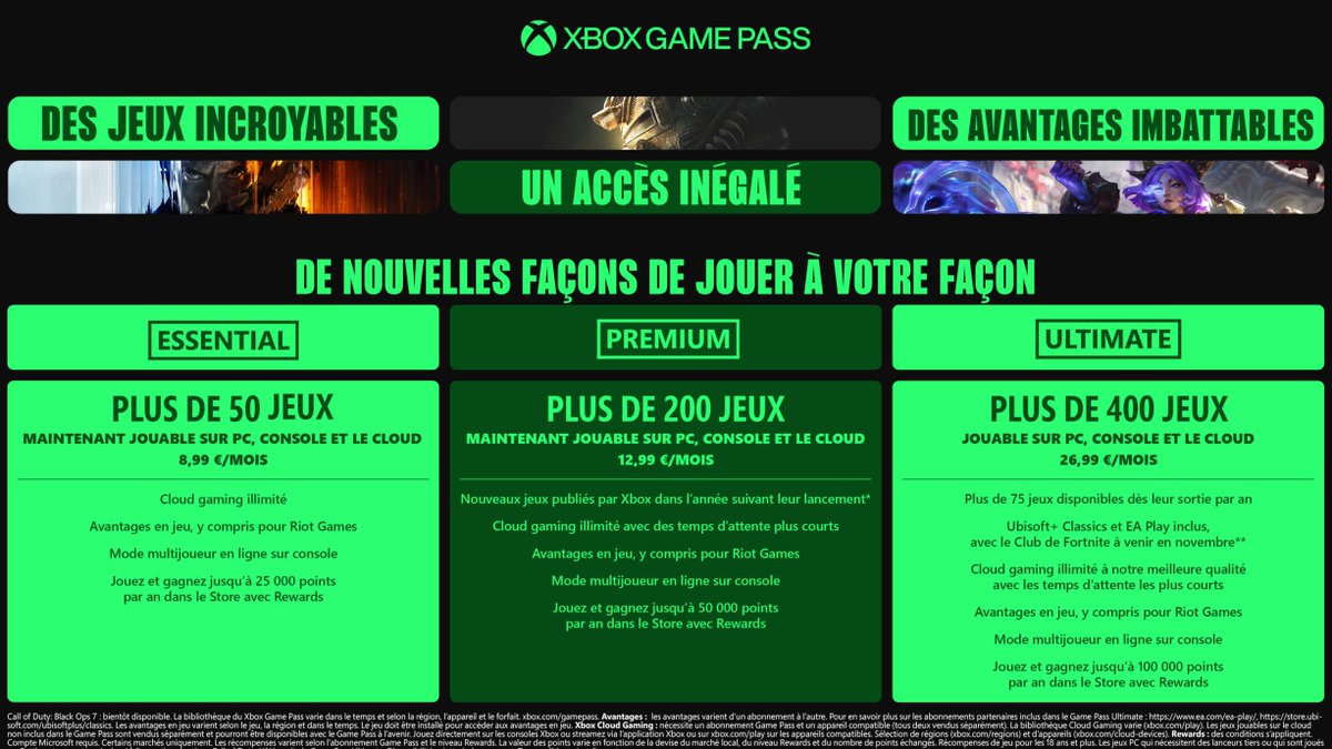 Mohammed_Aigoin's tweet image. OFFICIEL : Microsoft annonce le plus GROS changement du Xbox Game Pass. Principaux éléments à savoir 

- 3 formules différentes : Essential, Premium et Ultimate 
- Toutes les formules incluent des jeux à la fois sur Console, PC, Cloud. 
- Ubisoft + Classic rejoint les avantages…