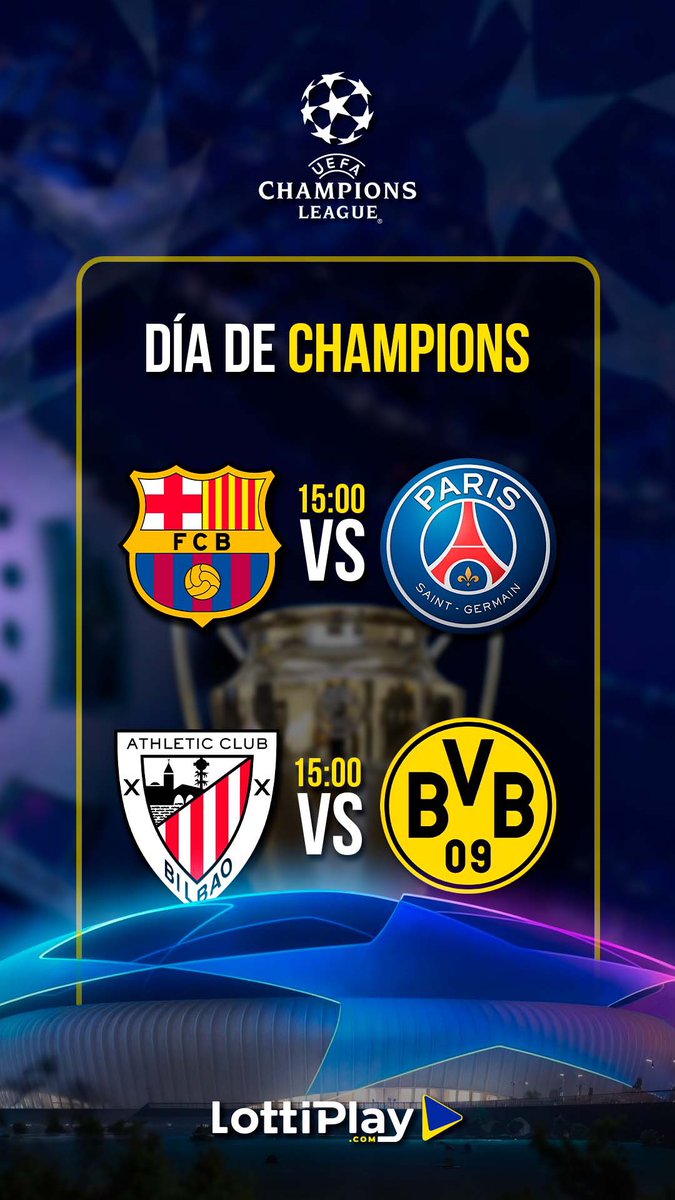 LottiPlay's tweet photo. ⚽️ ¡Día de Champions! ✨

⏰ 15:00  
- 🔴🔵 Barcelona vs PSG  
- 🔴⚪ Athletic Club vs 🟡⚫ Borussia Dortmund

Vive la emoción con LottiPlay ▶️ https://t.co/o65BJwkB5I  
#ChampionsLeague #Fútbol #LottiPlay https://t.co/9yzUw5OYGi