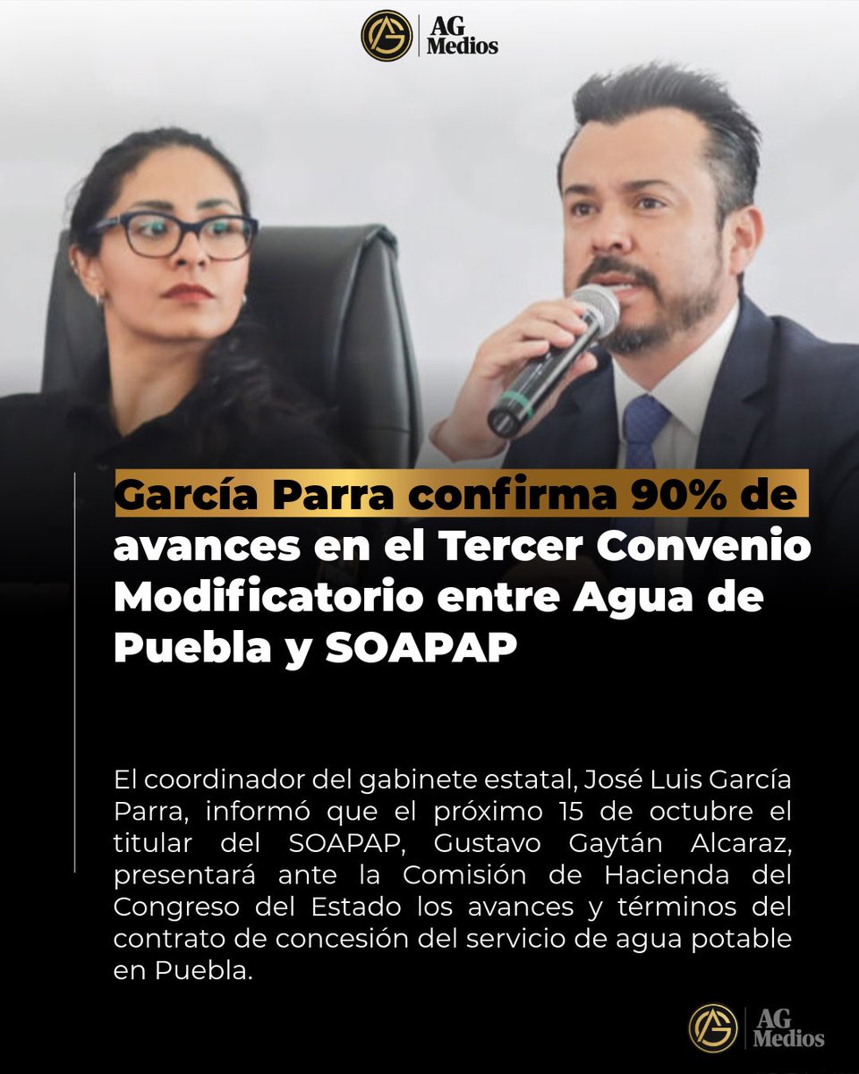 🚰 García Parra confirma que el tercer convenio modificatorio entre Agua de Puebla y SOAPAP registra un avance del 90 %, fortaleciendo la coordinación y ejecución de obras hidráulicas para la ciudad.

👉 Consulta aquí: agmedios.com.mx/garcia-parra-c…
#Puebla #AguaDePuebla #SOAPAP