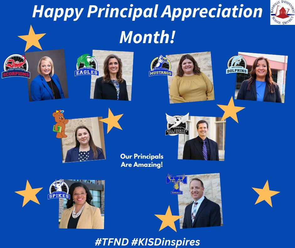 🎉October is Principal Appreciation Month!
KISD is grateful for our amazing principals who lead with grace and inspire our students, staff, and community every single day. 💙💛

👏Please join us in celebrating our amazing principals! 

The future is🌟in KISD! 
#TFND #KISDinspires