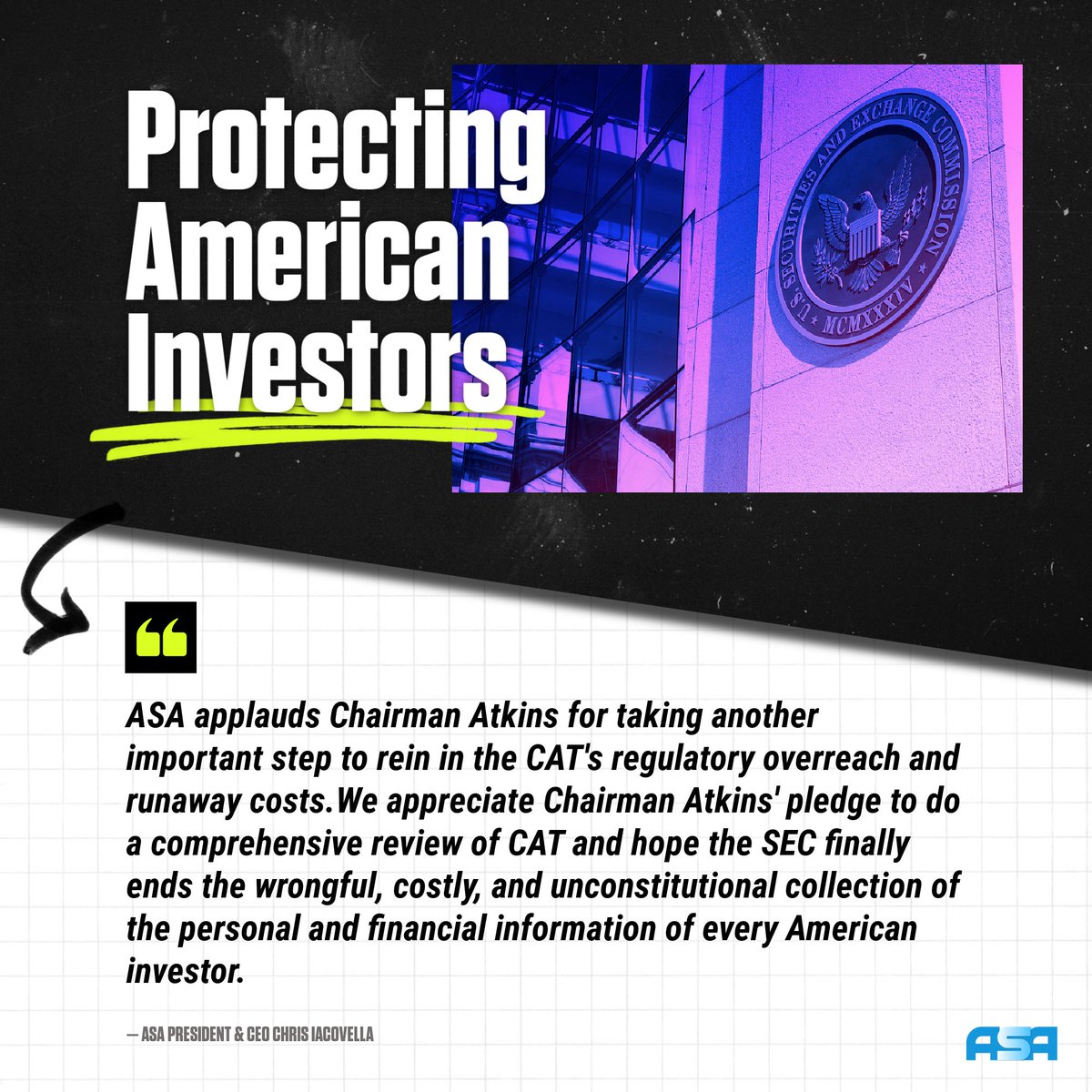 🚨 ASA applauds <a href="/SECGov/">U.S. Securities and Exchange Commission</a> Chairman <a href="/SECPaulSAtkins/">Paul Atkins</a> for taking another important step to rein in the CAT's regulatory overreach and protect American investors. 

americansecurities.org/post/asa-welco…