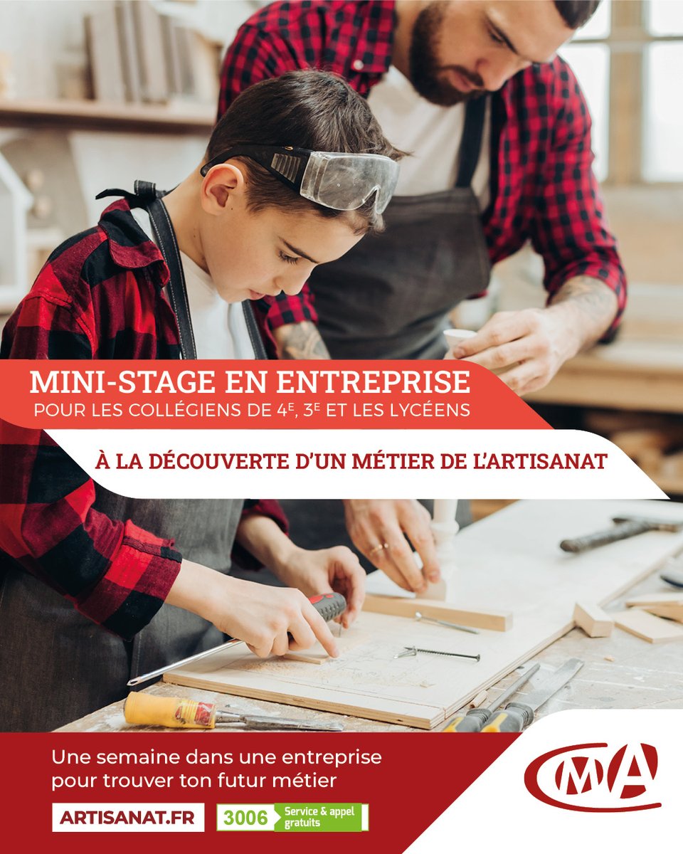 🎓 Les vacances de la Toussaint arrivent… Et si vos ados en profitaient pour découvrir les métiers de l'#artisanat ? 

👉Avec les mini-stages proposés par les #CMA, collégiens et lycéens ont la possibilité de passer 1 semaine en immersion dans une entreprise artisanale.