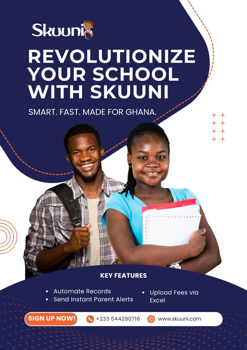 skuunisms's tweet photo. Revolutionize your school with Skuuni – Smart. Fast. Made for Ghana. Manage fees, grades & attendance in ONE app! Sign up today and make school management stress-free https://t.co/zmsZ5cFsKb
#Skuuni #SmartSchoolManagement #GhanaSchools #EducationTech #SchoolMadeSimple #EdTechAfri https://t.co/VRguDsxcSZ