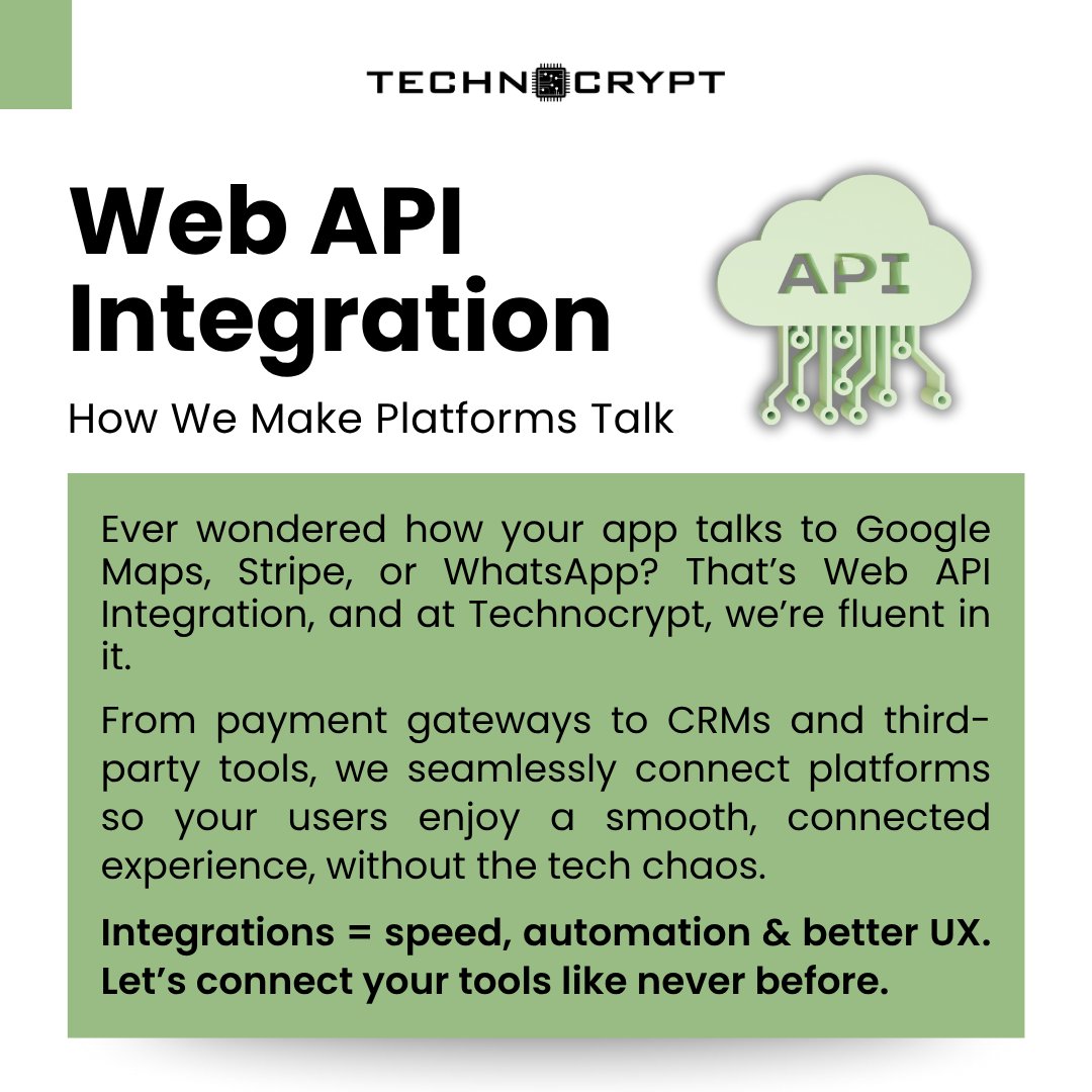 technocrypt's tweet image. It only takes:

- One API.
- One integration.
- One connection.

To make your platforms talk.

At Technocrypt, we connect payment gateways, CRMs, and third-party tools to give your users a smooth, connected experience.

#Technocrypt #APIIntegration #WebAPI #AutomationTools