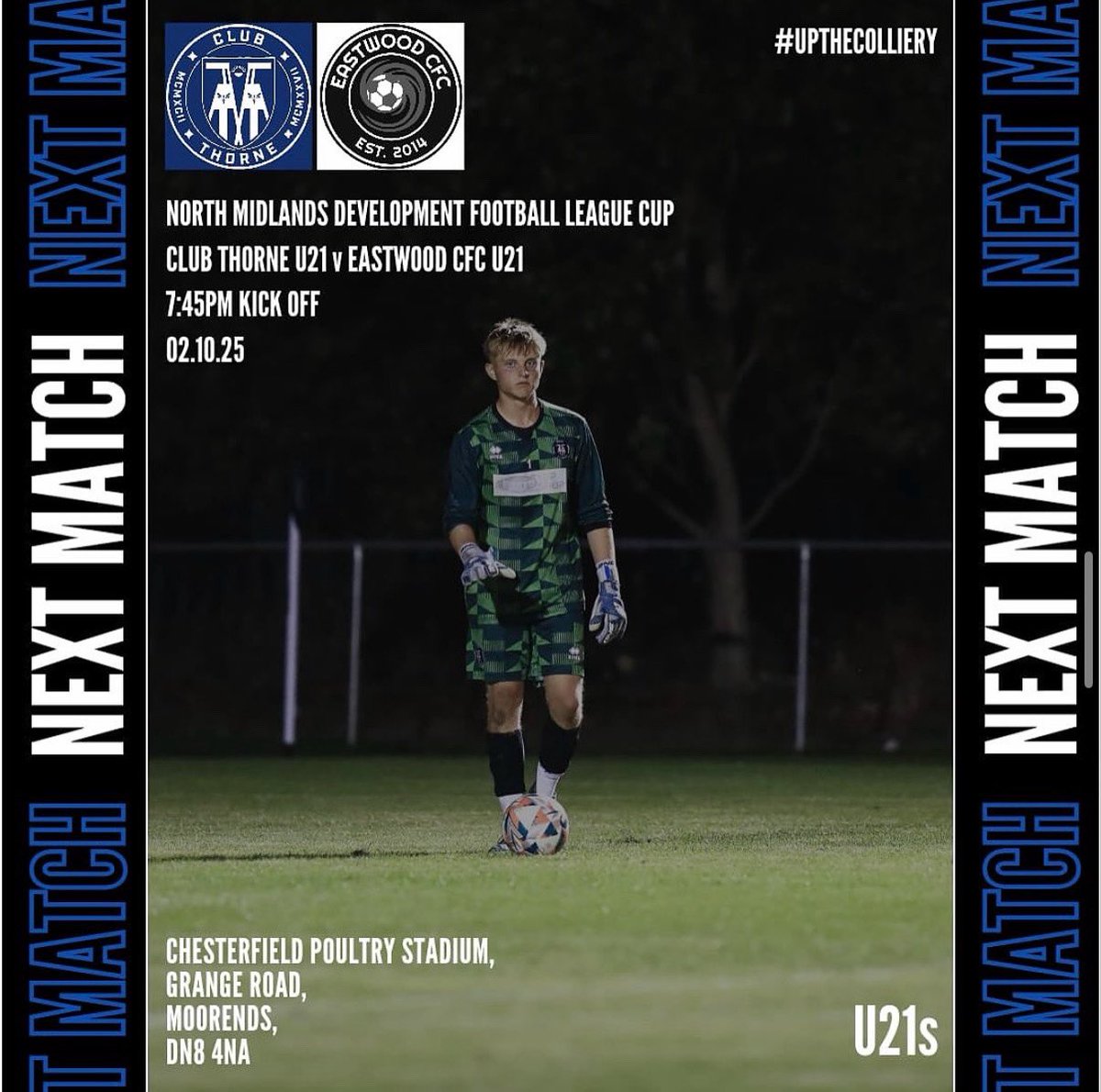 clubthornecoll's tweet photo. U21s Next up…

Our U21s are at home this week as they face Eastwood CFC U21s in the NMDFL league cup 🔵⚫️

Club Thorne U21 v Eastwood CFC U21

📅 Thursday 2nd October 2025
⏰7:45pm
📍Chesterfield Poultry Stadium, Grange Road, Moorends, DN8 4NA

Entry- £2

#upthecolliery | #u21s https://t.co/vRzLNQPwEG