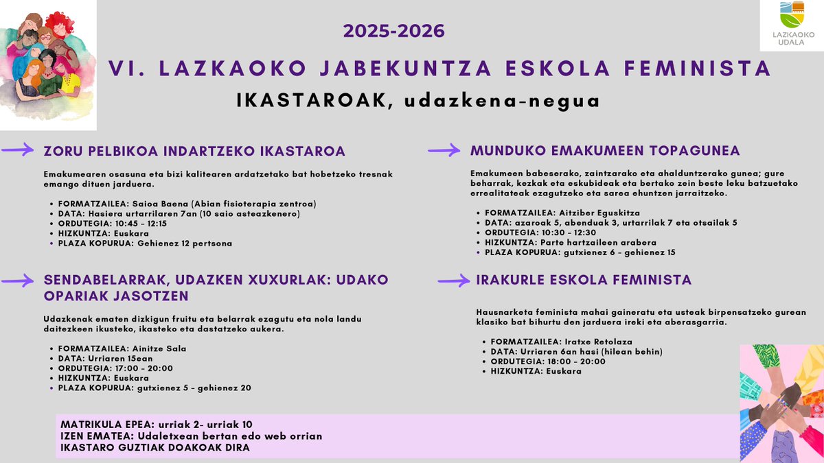 🗣️📝Bihar, urriak 2, zabalduko da izena emateko epea Lazkaoko Jabekuntza Eskola Feministako ikastaroetan.

🔗 EU: labur.eus/ipdld9mn 

#Lazkao ✅