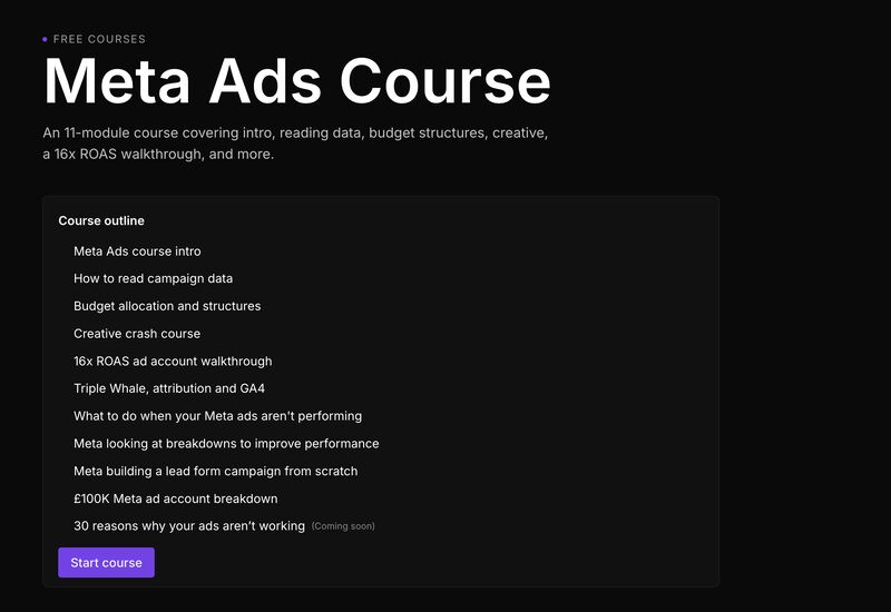 A week ago I launched a FREE Meta ads course, you don't even need an email to access it...

Comment "Meta" and I'll send you a link. I'm only asking for people to comment to farm engagement! I'll send the link as soon as you comment, no email or paywall at all
#metaads #ppc