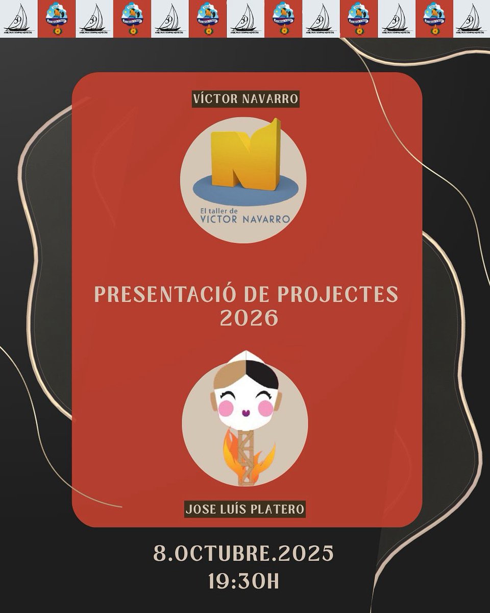 Hora de revelar els nostres projectes!!! ❤️🔥

Vos esperem la vespra del 9 d’octubre a les 19:30 hores, amb Jose Luís Platero i Victor Navarro 🕣 🫢

A continuació vi d’honor i alguna sorpresa 🍉🍊

#Projectes2026 #SempreFalla #ArtistesFallers #Falles26 #50Aniversari