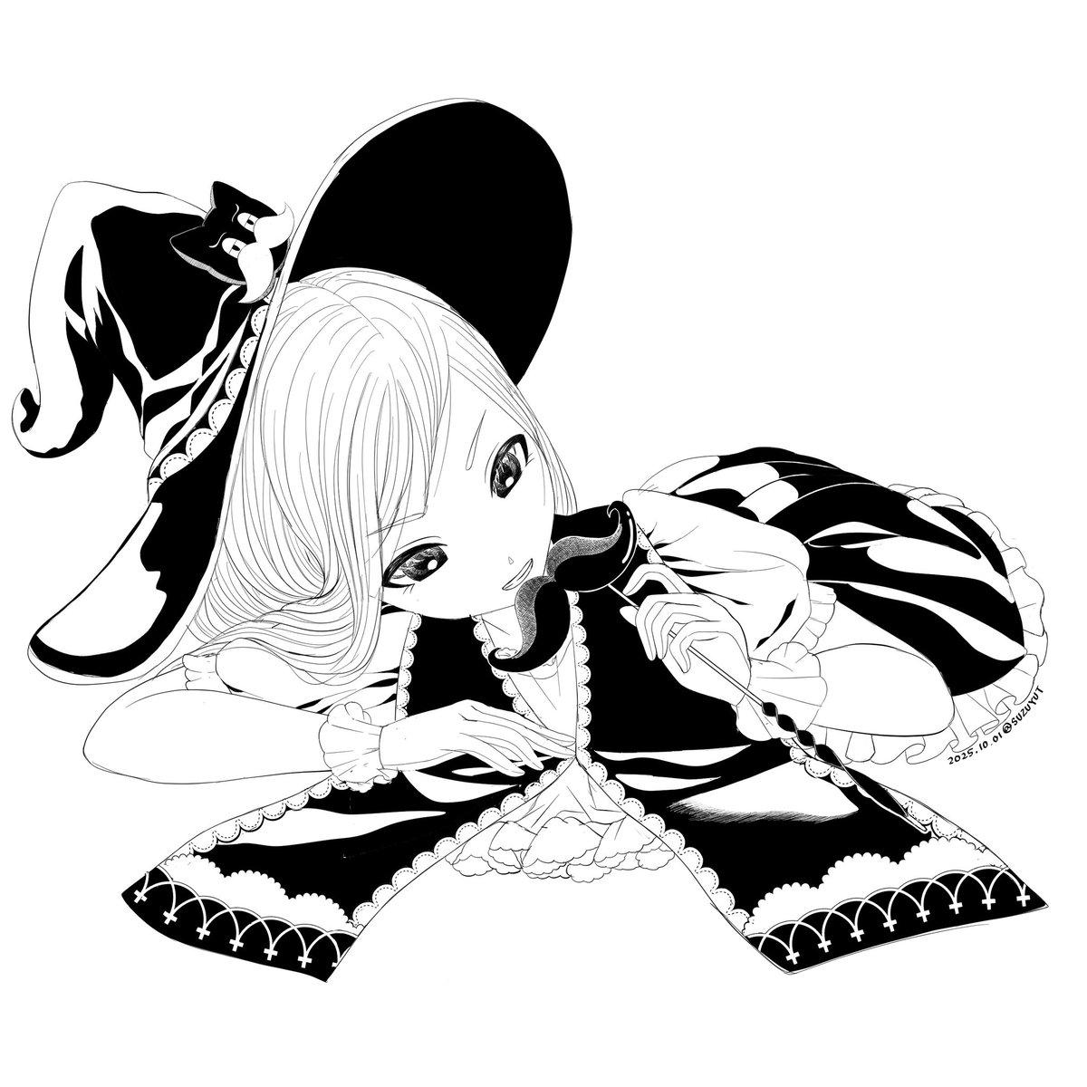 suzuyut's tweet image. 01.口ひげ
「にししっ、モフモフだ！」
#inktober #inktober2025