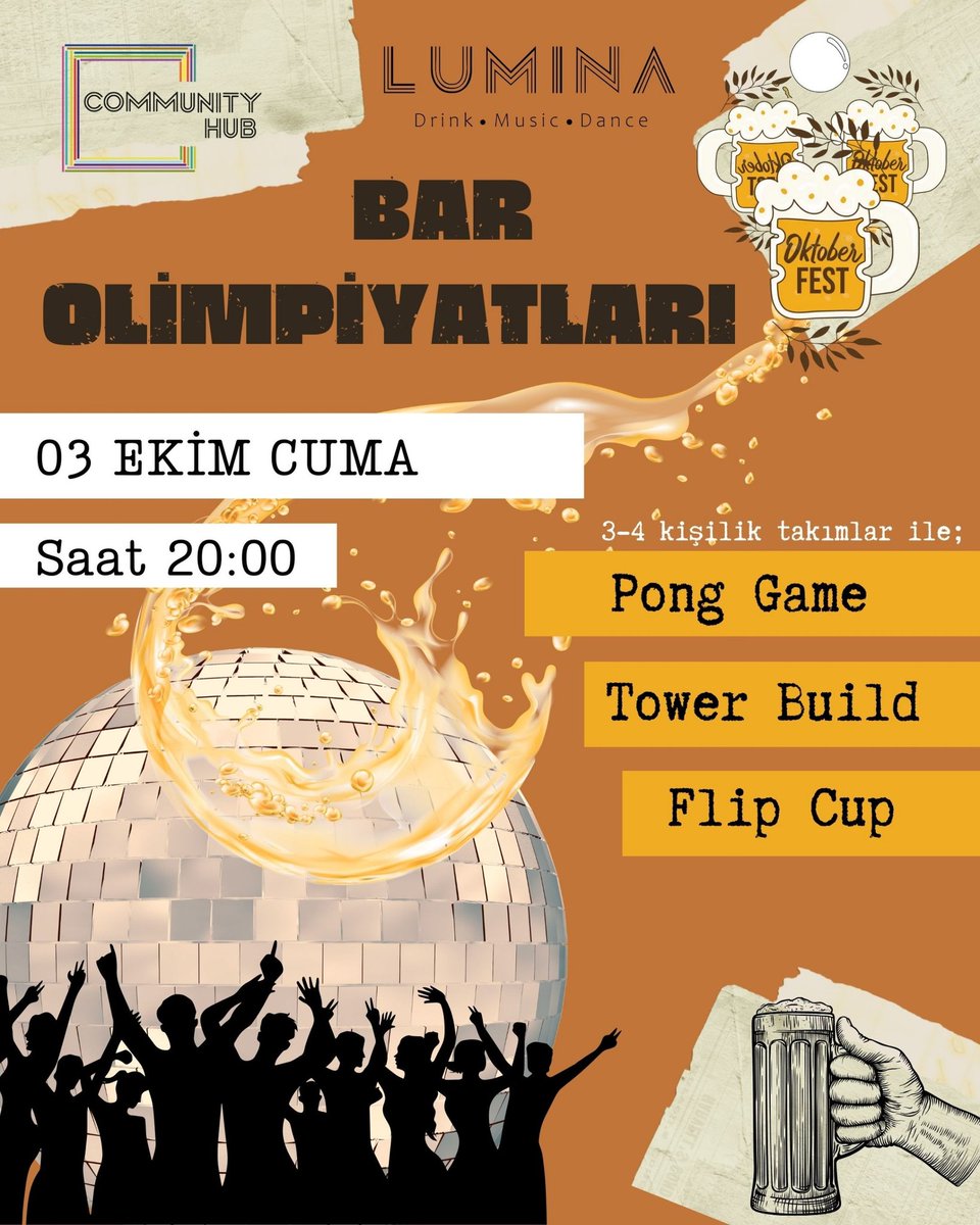 Bar Olimpiyatları Oktoberfest Özel 3 Ekim Cuma günü Community Hub Alt Kat'ta!
Biletler: bubilet.com.tr/istanbul/etkin… 
#beer #beerpong #flipcup #towerbuild #oktoberfest2025