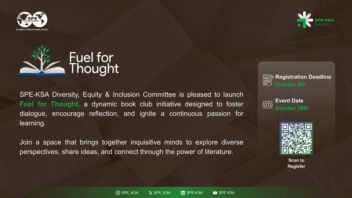 #SPE_KSA Diversity, Equity &amp; Inclusion Committee is thrilled to introduce Fuel for Thought, a book club initiative that fosters dialogue, encourages reflection, and ignites learning. 📚

Scan the QR code or click the link to register: spe-ksa.org/fuel-for-thoug…