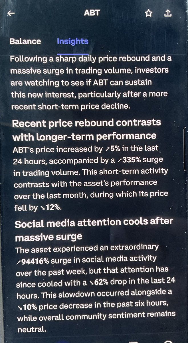 Coinbase is back on the ‘no screenshot’ policy ha ha. So I had to snap a pic of the phone screen to send y’all this detail of an almost 95000% surge in $ABT social media activity over the last week. Not sure how it measures but damn!