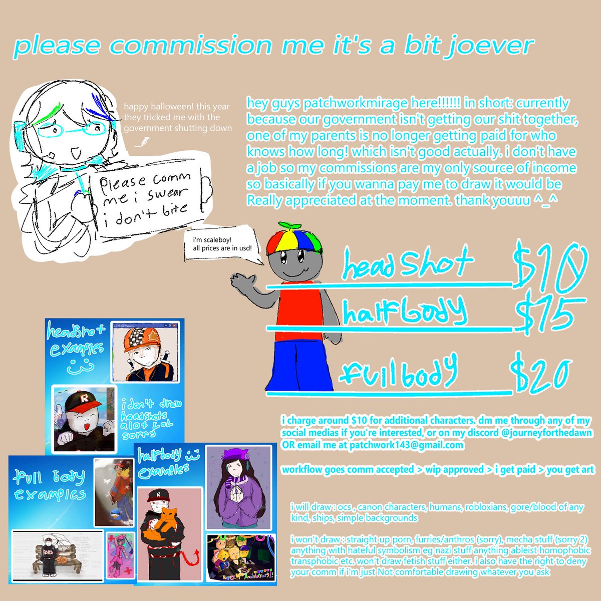 patchworkmirage's tweet image. ignoring halloween for a moment
i'm jobless and one of my parents aren't getting paid at the moment!!!!!!! comms are my only source of income!!!!!!!!!! i Do not bite i love drawing
image has all details, dm me here or on discord (@ journeyforthedawn) if interested