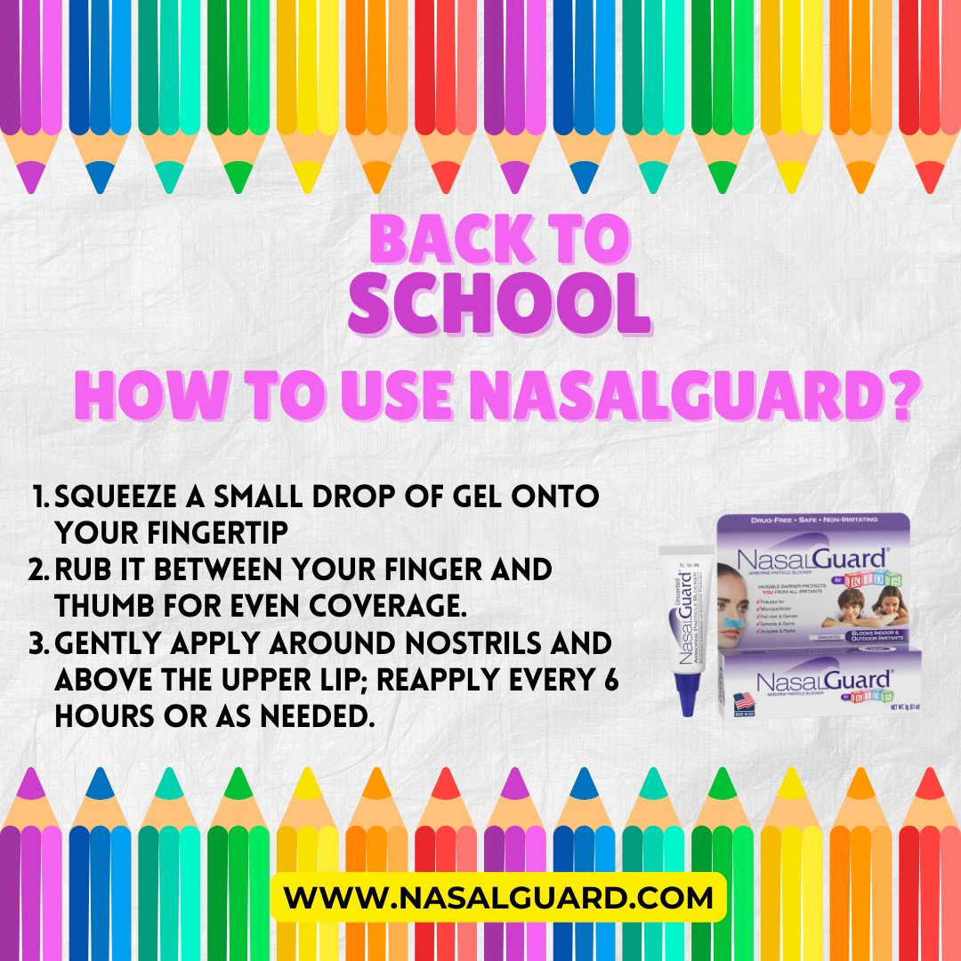 NasalGuard's tweet image. ✏️📚 Back to School Must-Have!

✨ Easy to apply in 3 simple steps → squeeze, rub, and apply!
⏰ Reapply every 6 hours or as needed.
✔️ Perfect for busy school days!
🔗 Learn more: nasalguard.com
#BackToSchool #NasalGuard #DailyRoutine #StayFresh #HealthyHabits