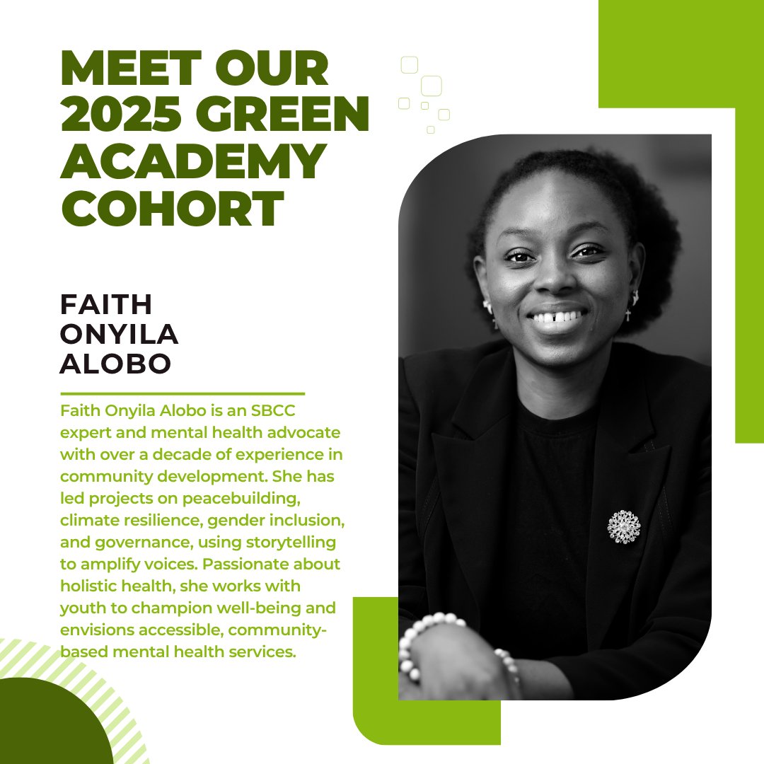 hbsNigeria's tweet image. Meet Faith Onyila Alobo, one of our 2025 Green Academy Cohort!💚✨

Faith Onyila Alobo @fethleem is a social and behaviour change communications (SBCC) expert and mental health advocate with over a decade of experience in community development. 

Faith has led projects on…