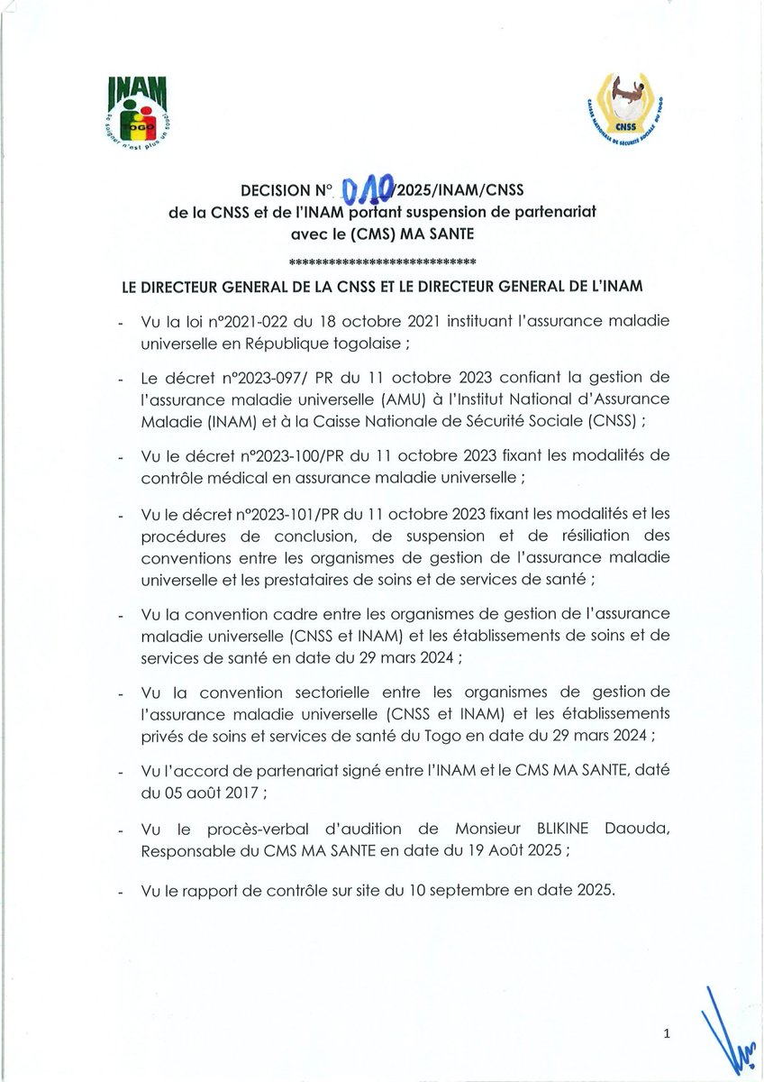 InamTogo's tweet photo. 🚨DECISION N°010/2025/INAM/CNSS de la CNSS et de l’INAM portant suspension de partenariat avec le (CMS) MA SANTE
#AMU #CNSS #AMUINAM #Togo #fraude #suspension #partenariat #couverturemaladie https://t.co/roySsihKLP
