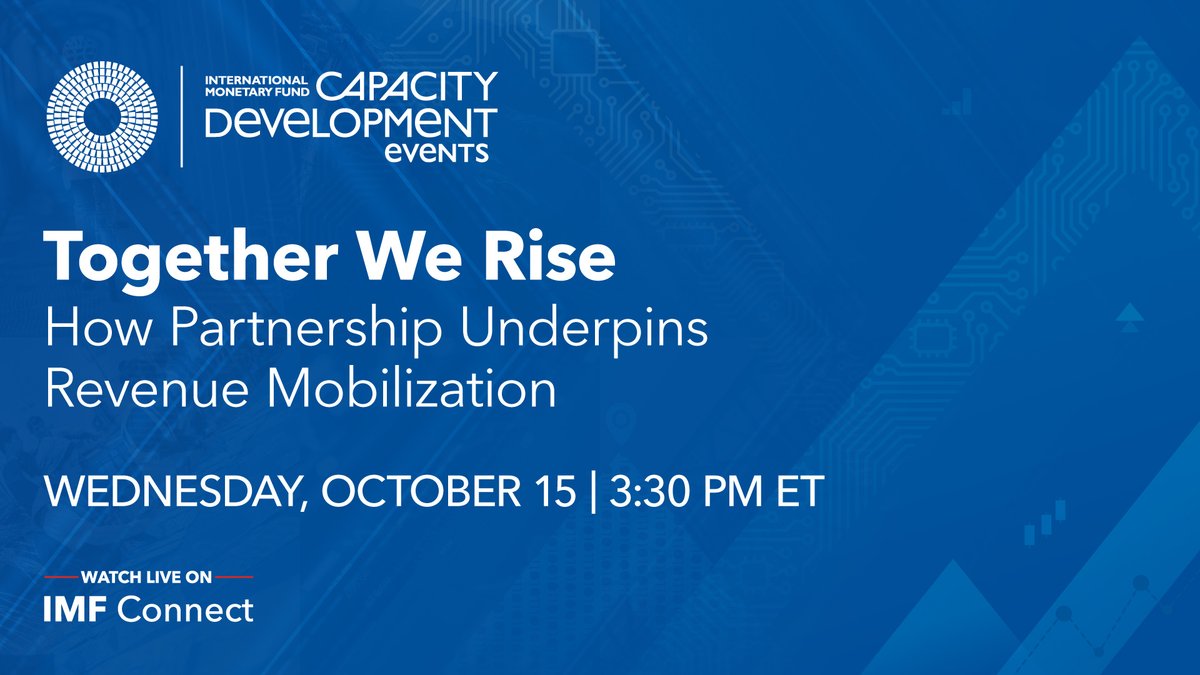 imfcapdev's tweet image. People thrive when governments build trust, tax fairly, and spend wisely. Join #IMFMeetings' October 15 event "Together We Rise: How Partnership Underpins Revenue Mobilization" for @IMF fiscal capacity development success stories.

 📅 Watch live here: imfconnect.org/content/imf/en…