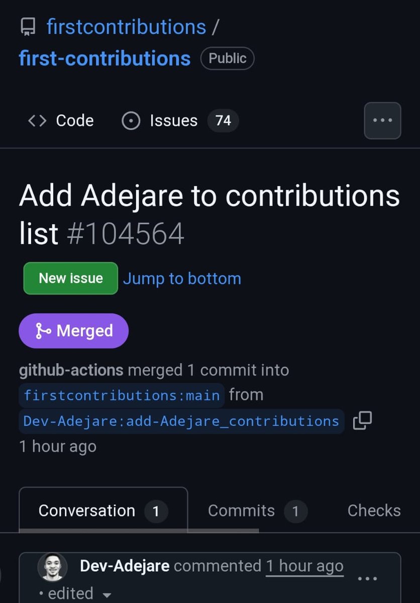 adejareee02's tweet image. I just made my first open source contribution and it got merged!!! 👨‍💻Thanks to
@1stContribution
for the guidance.  #FirstContribution #OpenSource