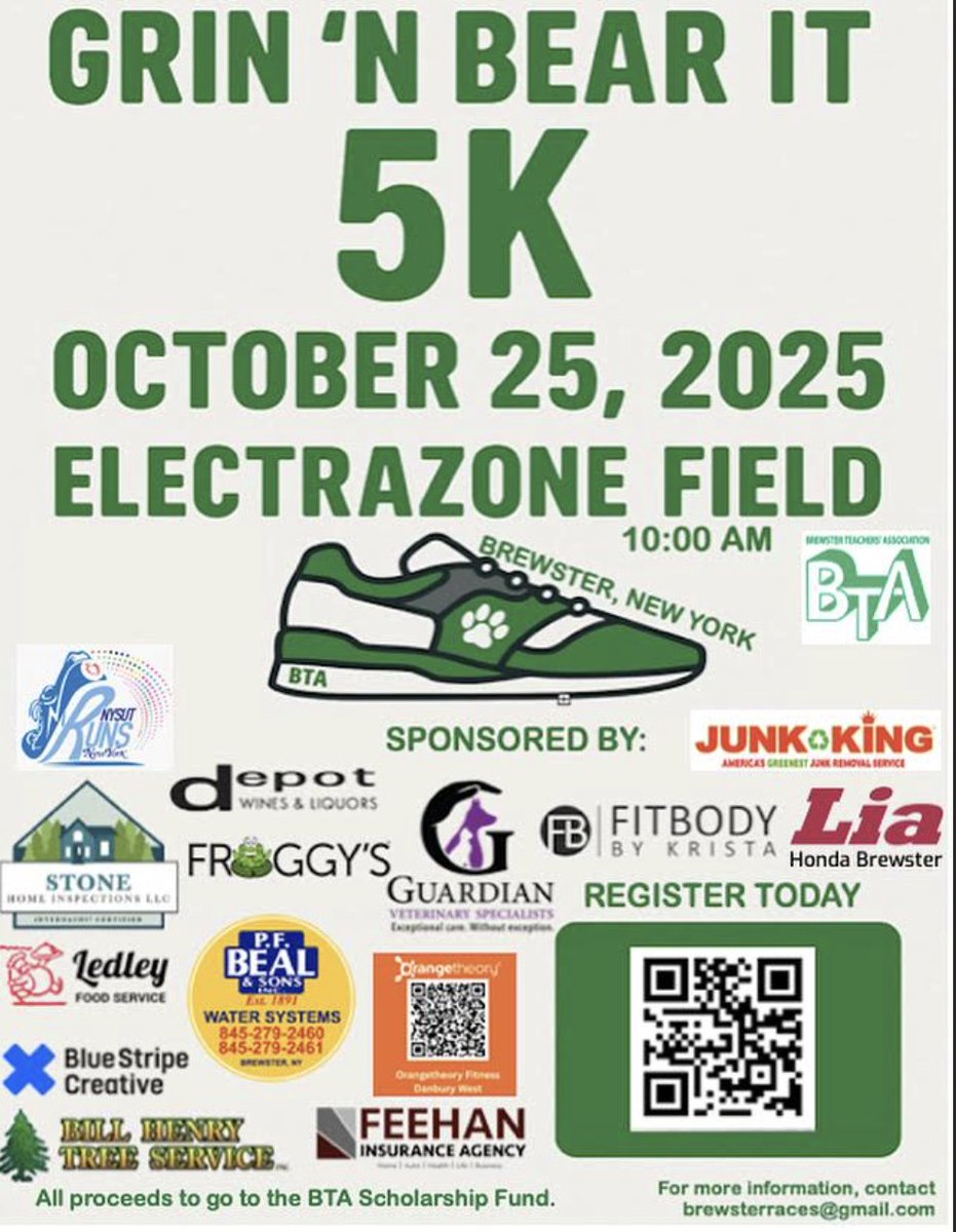 💲The Brewster Teachers' Association is spearheading an inaugural 5k walk/run on 10/25/25. Their goal is to raise scholarship money for future leaders. To register: runsignup.com/Race/NY/Brewst…. To read more about the fundraising effort: tinyurl.com/7487hrpm