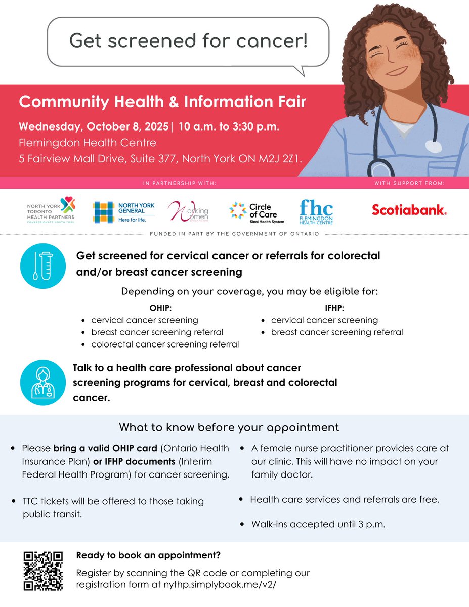 October is #BreastCancerAwarenessMonth and there are lots of options to get your mammogram!

<a href="/NYGH_News/">North York General</a> - as part of #Mammothon, there are 2 options for screening on Oct 5 &amp; 10: tinyurl.com/43a7n4xm

Or book your screening at our #CHIF on Oct 8: tinyurl.com/avt6ub9y

#OHT