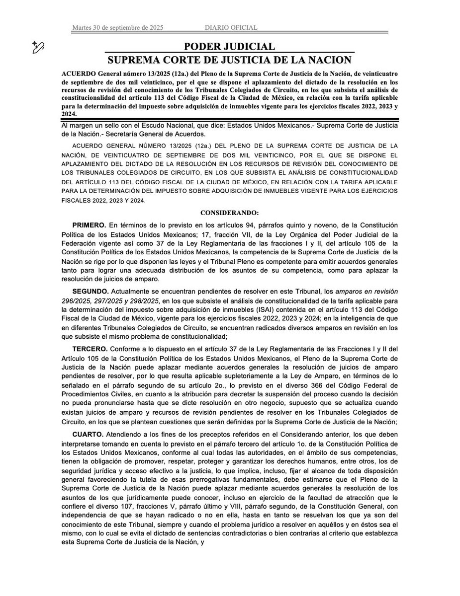 lupita_hinojosa's tweet photo. Desde hace algunos años existía una jurisprudencia que señalaba que la tarifa para determinar el Impuesto Sobre Adquisición de Bienes Inmuebles en la CDMX, viola el principio de proporcionalidad, error que el Gobierno de la Ciudad nunca corrigió.

El día de ayer la nueva @SCJN publicó un acuerdo donde ordena aplazar el dictado de las sentencias en donde se discute este tema, lo que significa una sola cosa, determinarán qué es constitucional. ¡Y se vienen cosas peores!
