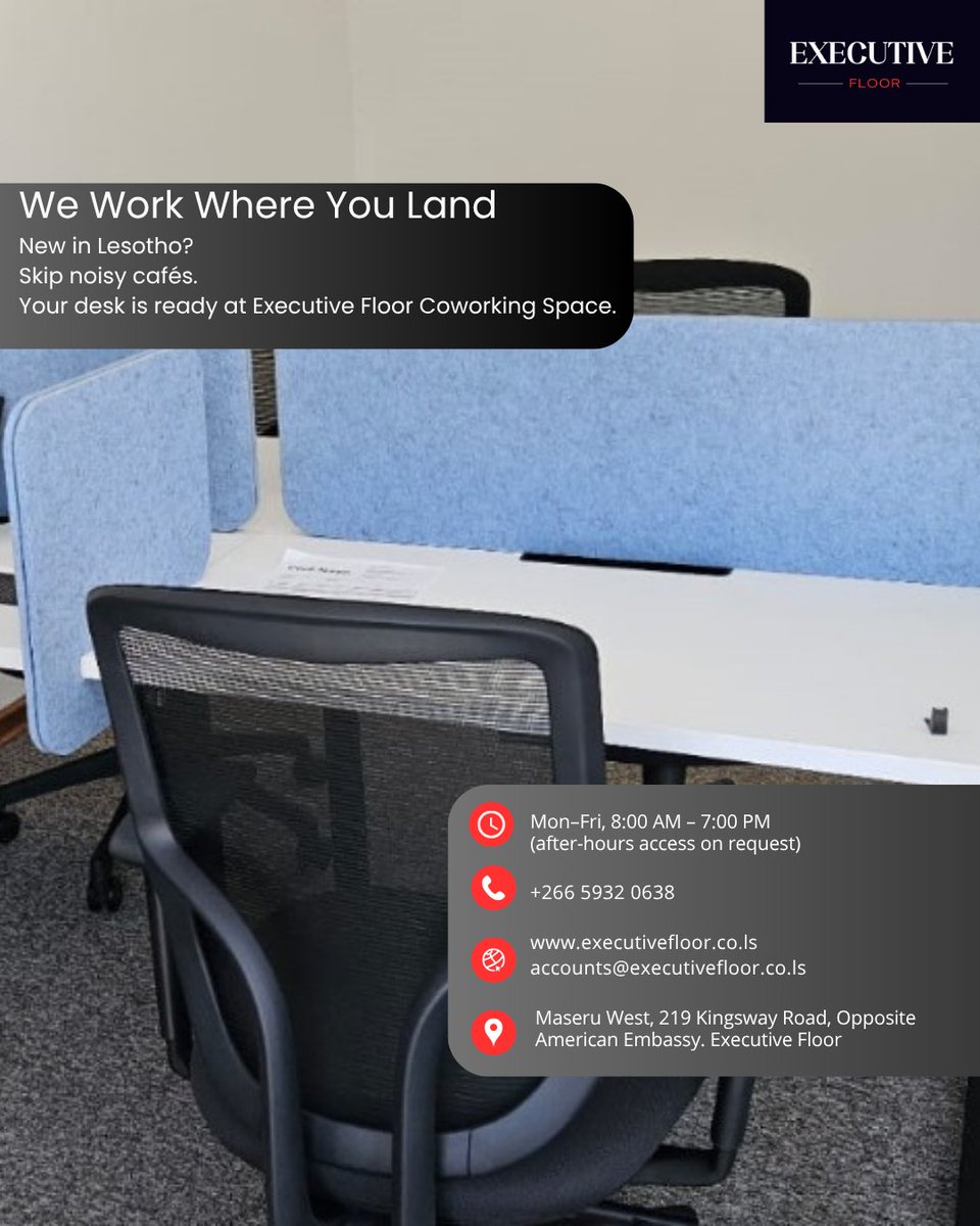 We Work Where You Land

New in Lesotho?
Skip leases, skip setup, skip noisy cafés.
Your desk is ready at Executive Floor Coworking Space.

📍 Maseru West | 🕘 Mon–Fri, 8am–7pm
📞 +266 59320638