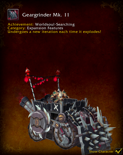 The War Within Expansion Meta-Achievement is Coming!

The Achievement is called "Worldsoul-Searching" and rewards the Geargrinder MK. 11 Mount &amp; a Replica Dark Heart of Galakrond Decor

Achievement Requirements:
• Nerub-ar Palace
• Liberation of Undermine
• Manaforge Omega
•