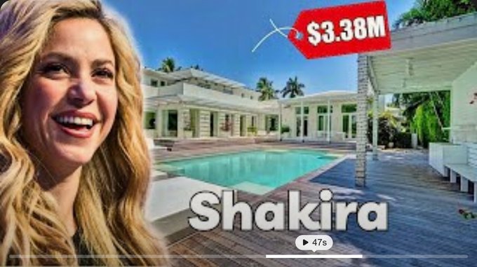Shakira smiling with long blonde hair. A large Miami mansion with a pool, palm trees, and white exterior. A red price tag overlay reads "$3.38M".