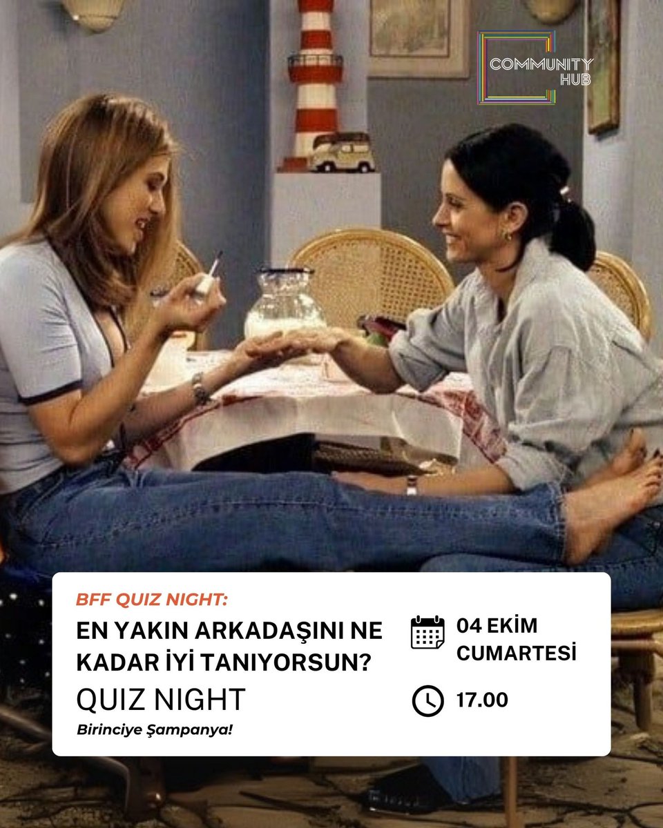 BFF Quiz Night: En Yakın Arkadaşını Ne Kadar İyi Tanıyorsun? 4 Ekim Cumartesi günü Community Hub Üst Kat'ta!
Biletler: bubilet.com.tr/istanbul/etkin… 
#bestfriendgoals #BFFs