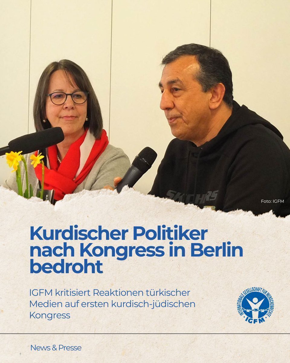 ‼️ Kurdischer Politiker nach Kongress in Berlin bedroht ‼️
Nach der Teilnahme an einem kurdisch-jüdischen Kongress in Berlin wird der kurdische Kommunalpolitiker Abdullah Demirbaş bedroht und seitens türkischer Medien mit Hass konfrontiert.

📢 Die IGFM fordert die deutsche
