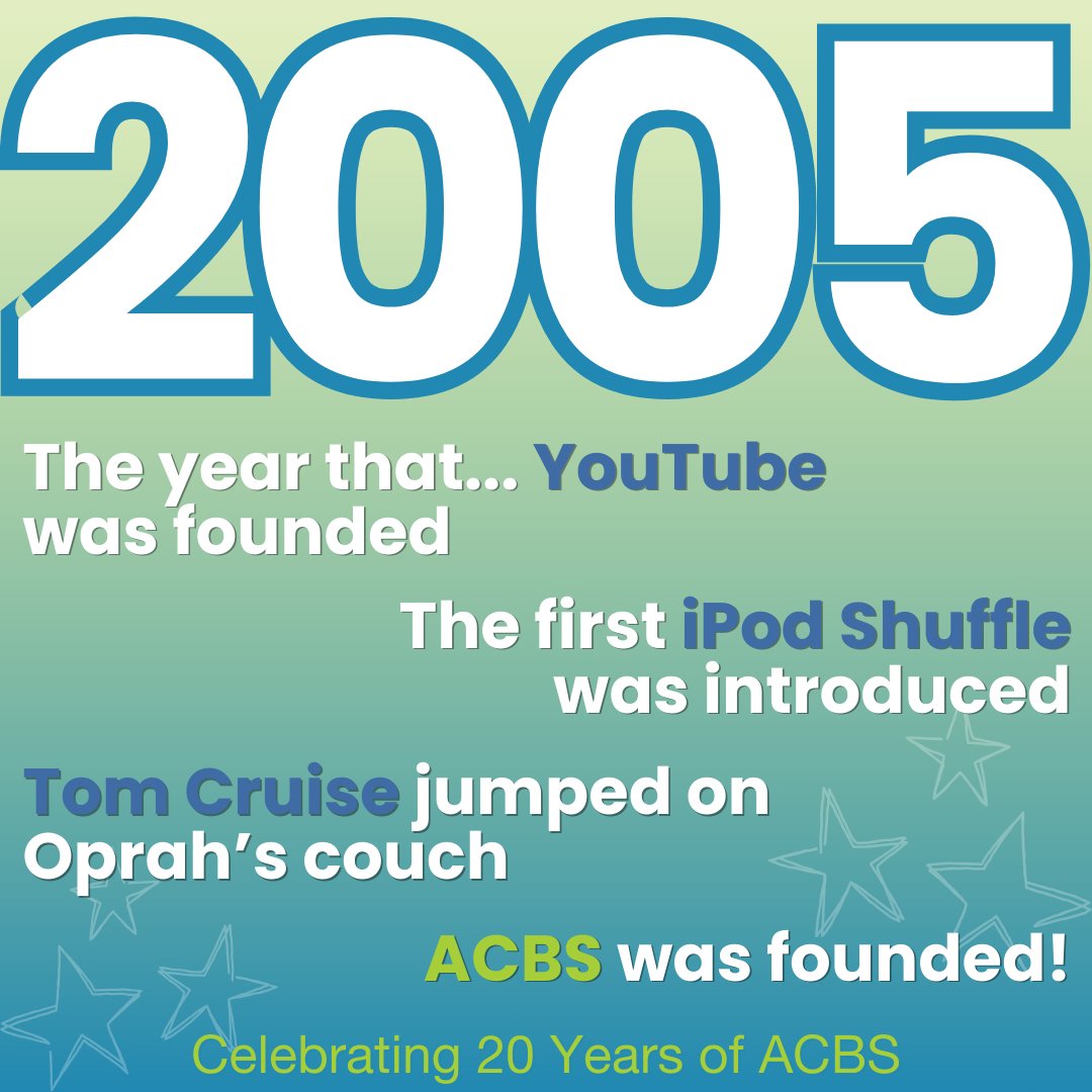 myACBS's tweet image. Celebrating 20 years of ACBS this month, here&apos;s a look back at the year 2005!
All month long we&apos;ll be sharing ACBS milestones, share your favorite ACBS memories with us in the comments! 

#ACBS #BehavioralScience #ACT #CBS #MentalHealth