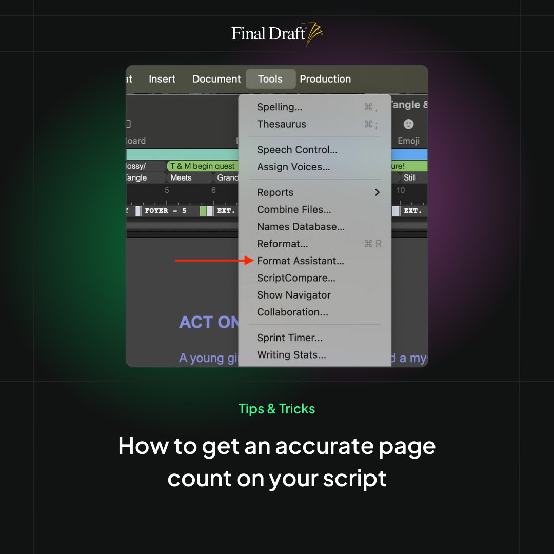 finaldraftinc's tweet image. 💡 Final Draft Tips &amp;amp; Tricks
Make sure your script is exactly as long as you want it to be! In Final Draft, go to Tools &amp;gt; Format Assistant and make sure you don’t have any extra spaces or incorrect elements.

Want more tips? Check out our Knowledge Base: hubs.ly/Q03L2gVF0