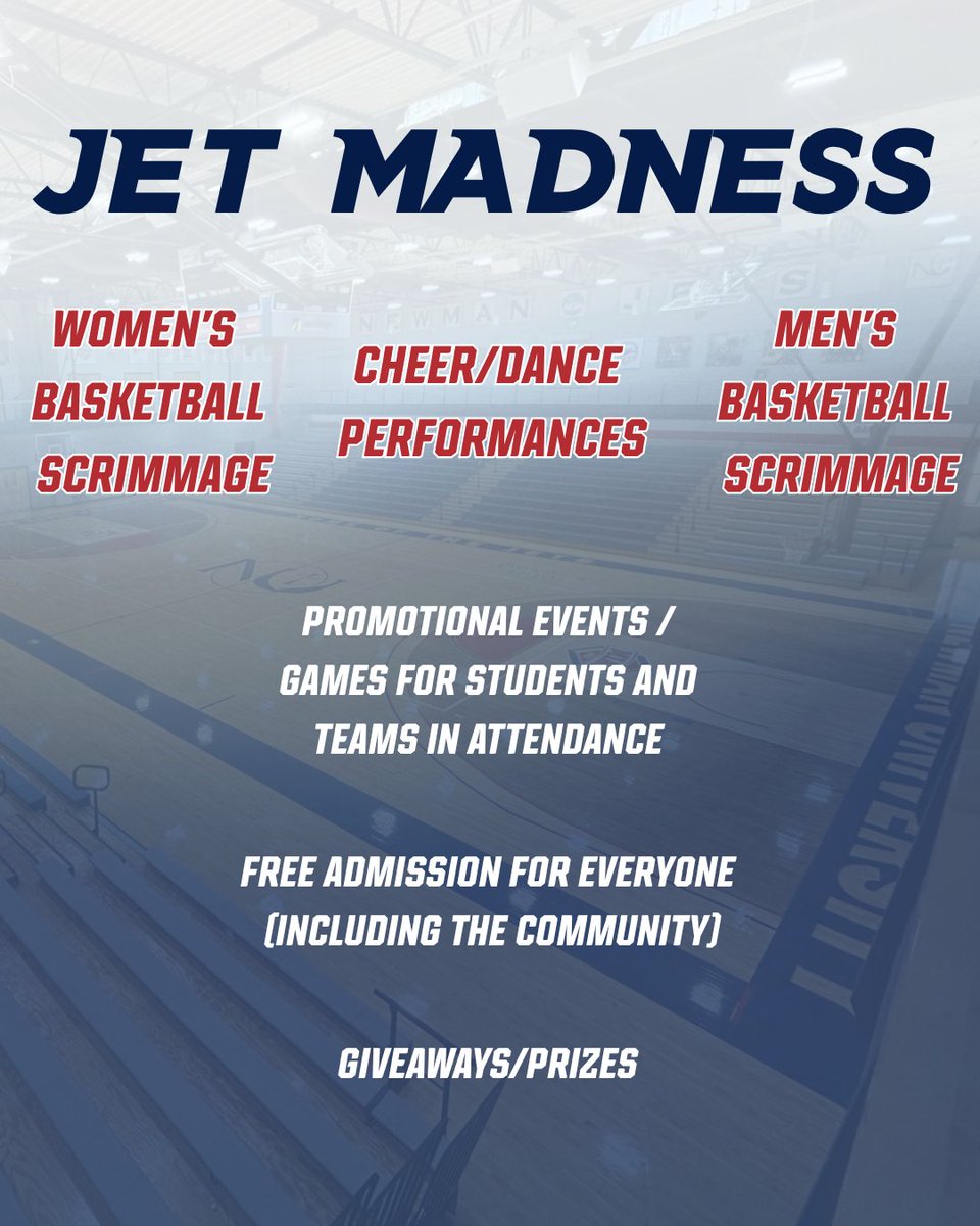 Newman Athletics (@newmanjets) on Twitter photo Jet Madness is back!
Join us October 13th at 7 PM in Fugate Gymnasium for a night full of scrimmages, games, and surprises!
- Men’s & Women’s Basketball scrimmages
- Cheer & Dance performances
- Games, giveaways, and prizes
- Free admission for ALL – students & community!
You Jet Madness is back!
Join us October 13th at 7 PM in Fugate Gymnasium for a night full of scrimmages, games, and surprises!
- Men’s & Women’s Basketball scrimmages
- Cheer & Dance performances
- Games, giveaways, and prizes
- Free admission for ALL – students & community!
You