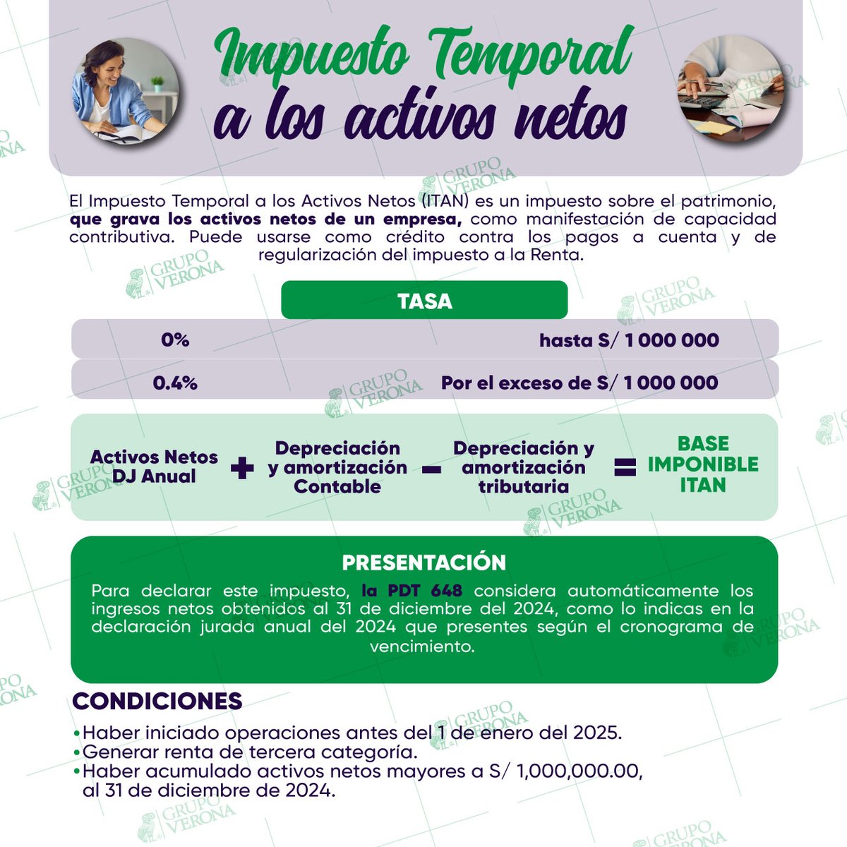 GrupoVerona's tweet image. 🤓👉El #ITAN es un #impuesto sobre el #patrimonio, que #grava los #activos #netos de un #empresa👉 La #tasa está #determinada por ▶ 0% hasta s/1, 000,000.00 ▶ 0.4% por el #exceso de S/1, 000,000.00 #GrupoVerona #Tributario #JoseVerona #SUNAT #Empresas #Plusvalia #SUNARP #Perú
